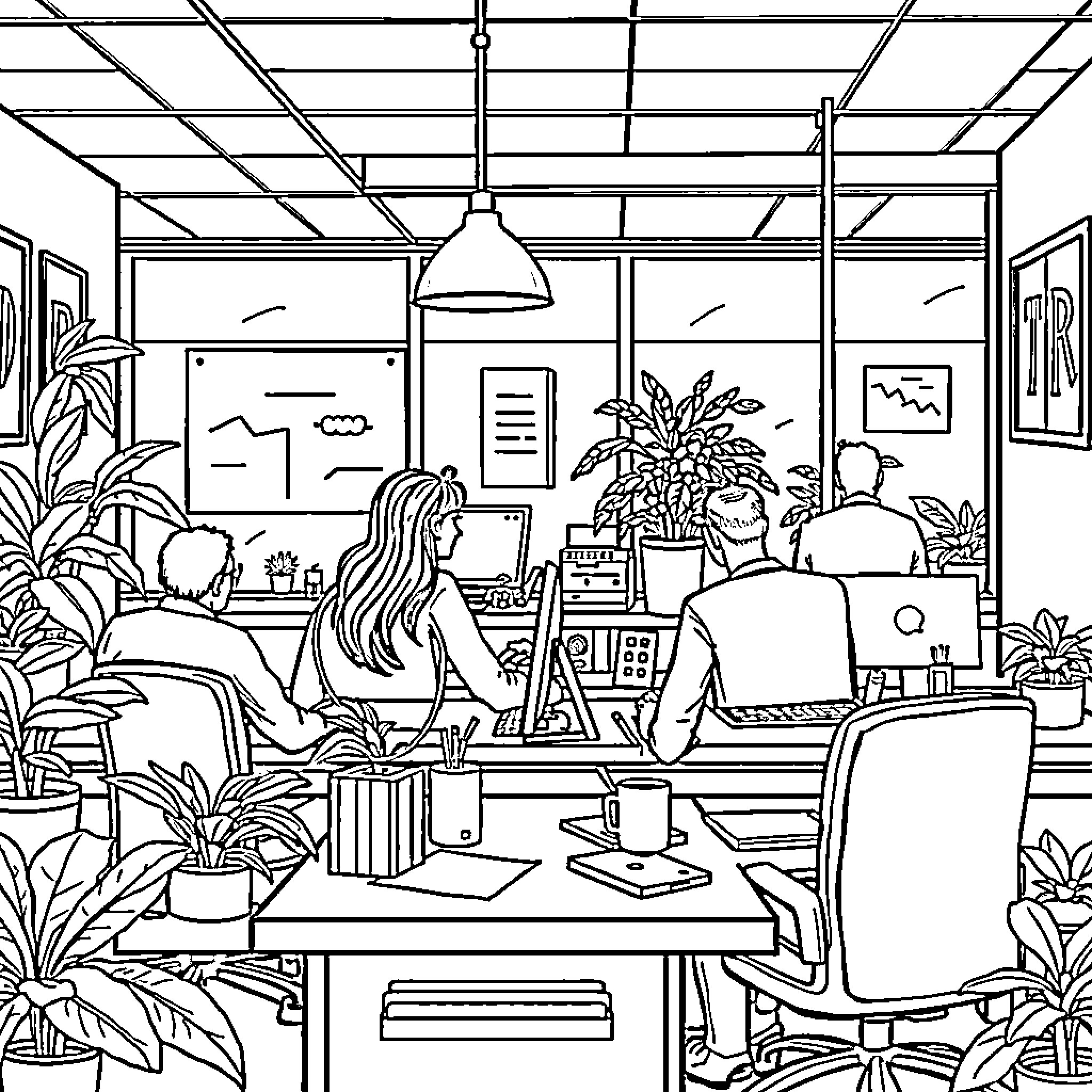 Booking a creative workspace Coloring Page (free black-and-white line drawing printable PDF for all, from beginners to advanced learners, including children, teens, adults, and seniors)