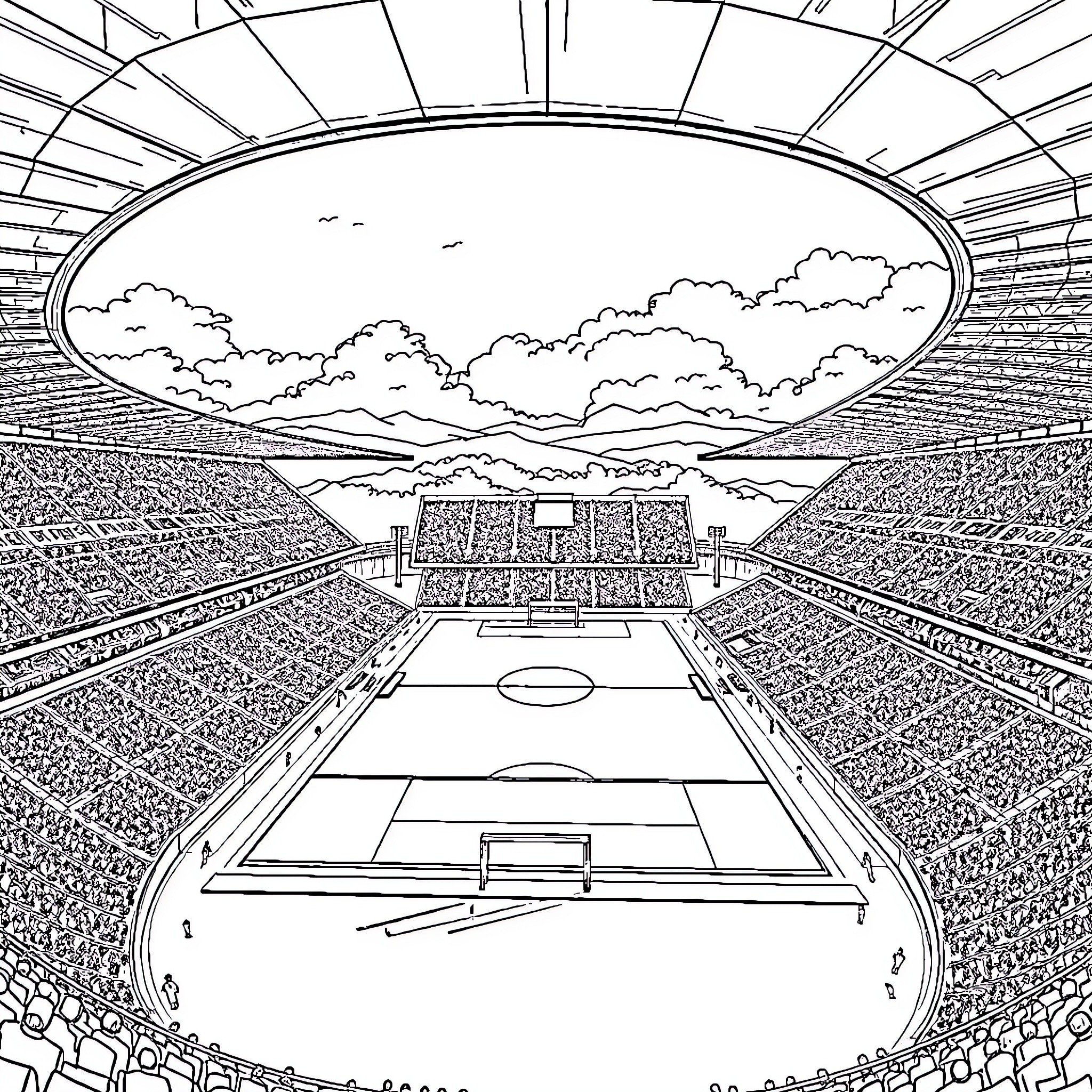 Stadium Filled with Cheering Crowd and Clouds Coloring Page (free black-and-white line drawing printable PDF for all, from beginners to advanced learners, including children, teens, adults, and seniors)