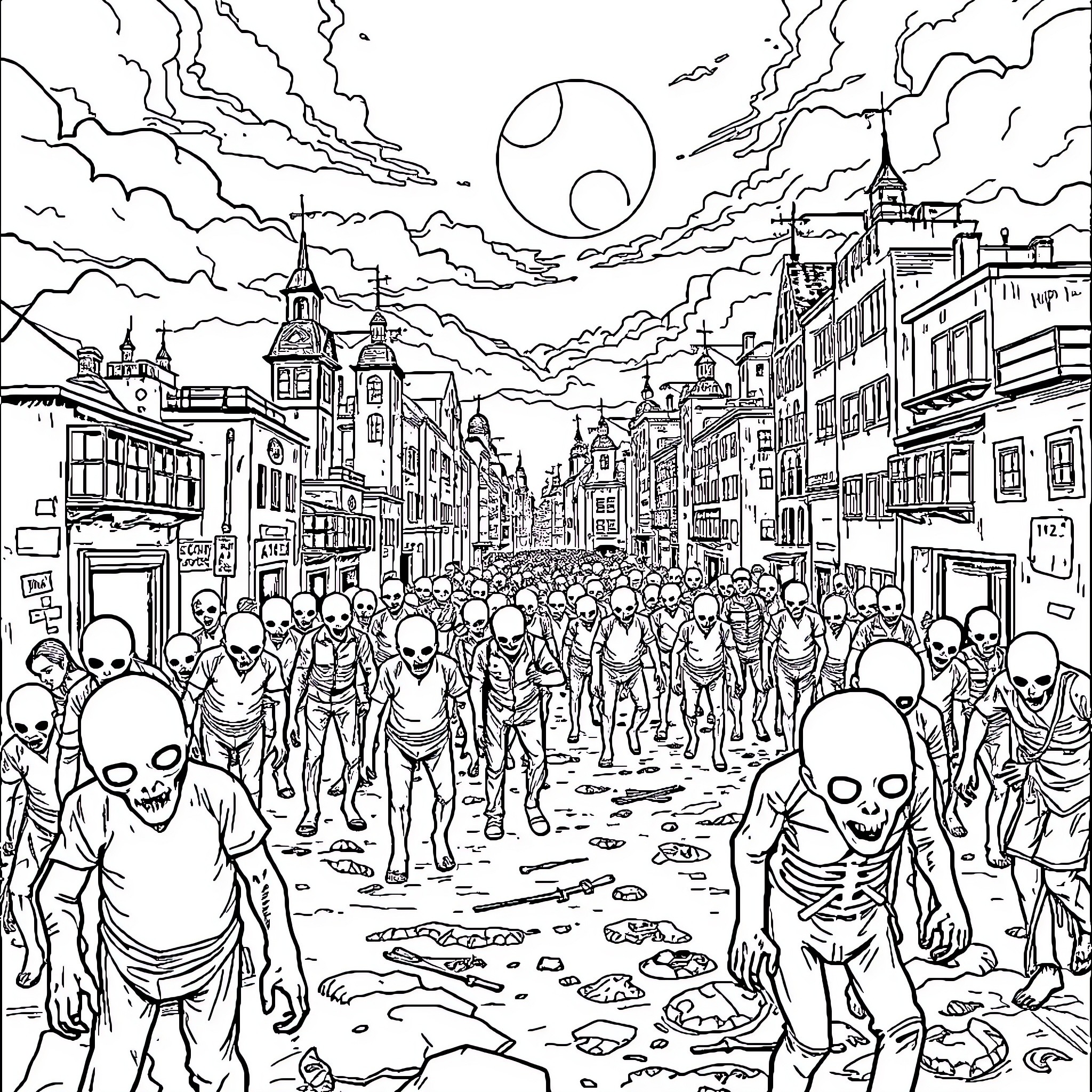 Zombie Horde Invades Eerie City at Night Coloring Page (free black-and-white line drawing printable PDF for all, from beginners to advanced learners, including children, teens, adults, and seniors)