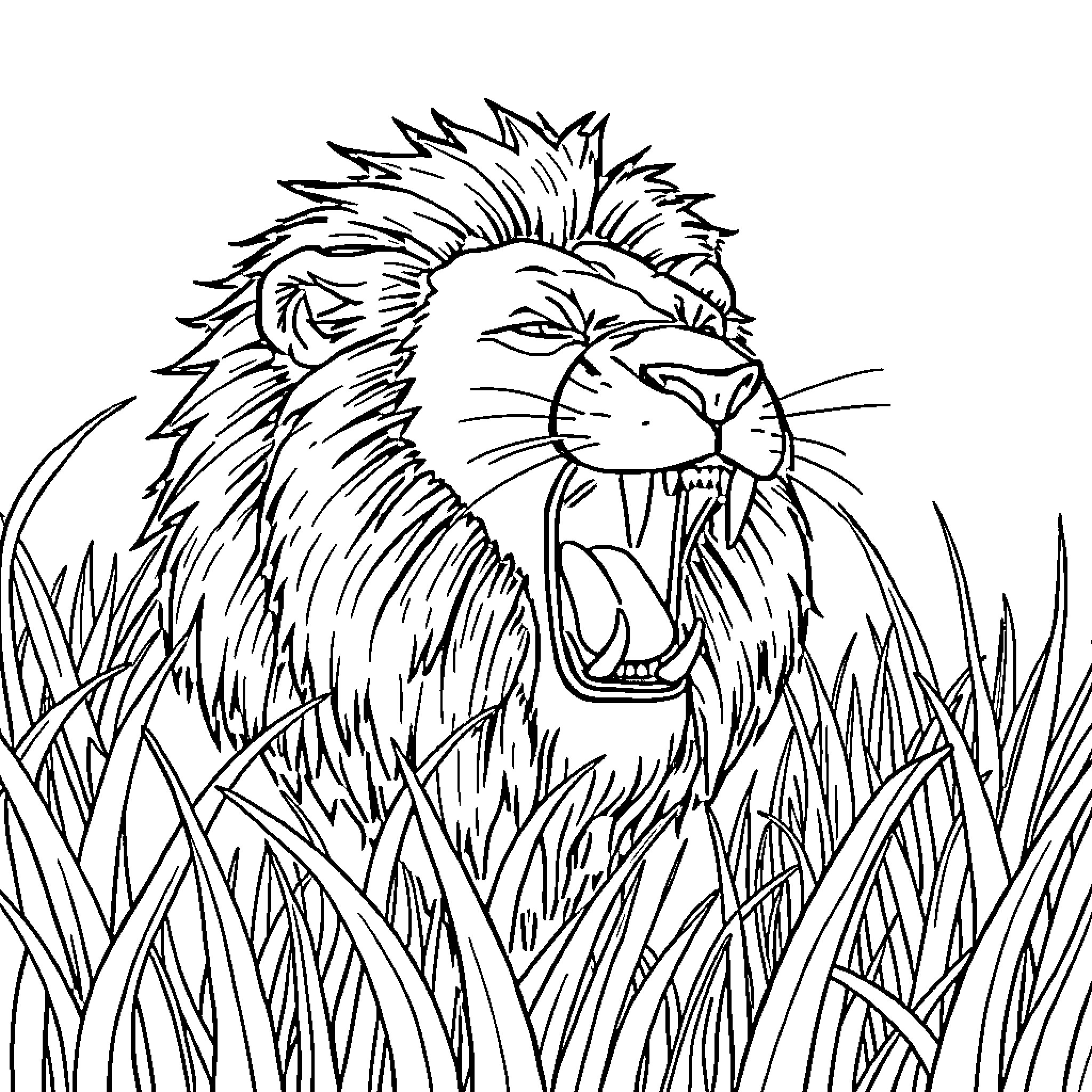 Lion roaring fiercely in the tall grass Coloring Page (free black-and-white line drawing printable PDF for all, from beginners to advanced learners, including children, teens, adults, and seniors)