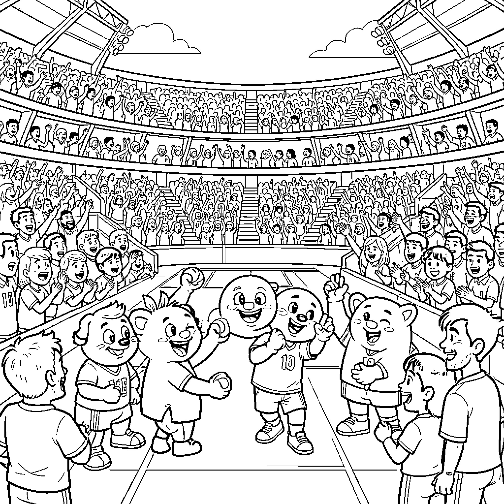Mascot characters celebrating joyfully with a cheering crowd Coloring Page (free black-and-white line drawing printable PDF for all, from beginners to advanced learners, including children, teens, adults, and seniors)