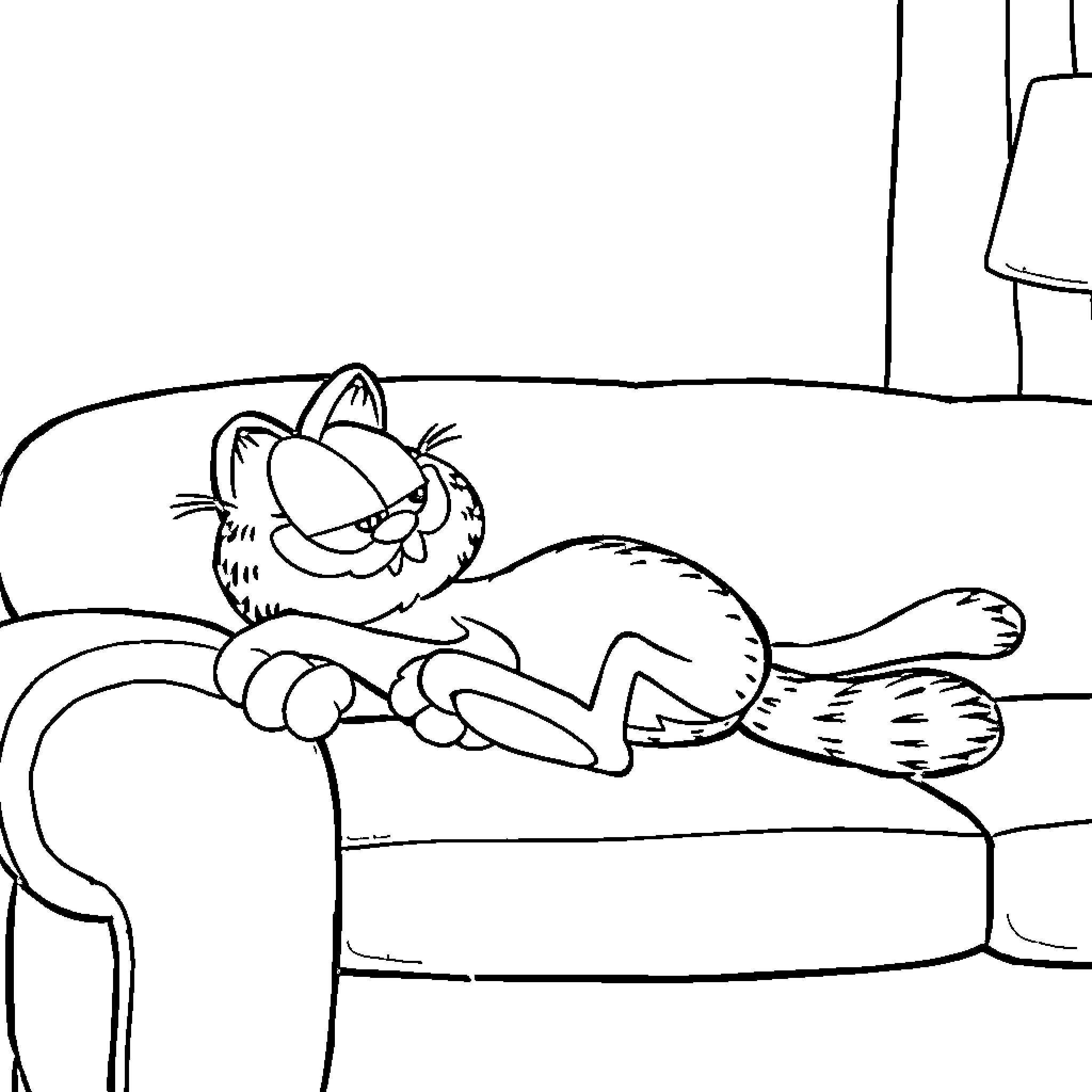 Garfield napping comfortably on the sofa Coloring Page (free black-and-white line drawing printable PDF for all, from beginners to advanced learners, including children, teens, adults, and seniors)