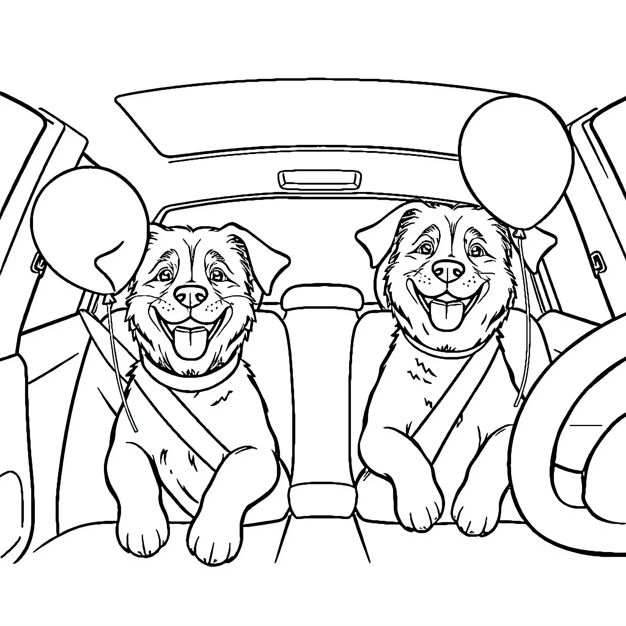 Dog Companions Riding in a Car Coloring Page (free black-and-white line drawing printable PDF for all, from beginners to advanced learners, including children, teens, adults, and seniors)