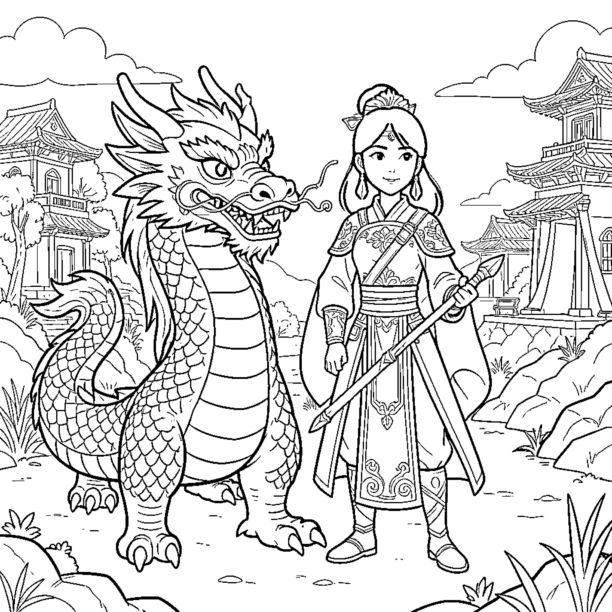 Mushu standing proudly beside a girl in traditional attire Coloring Page (free black-and-white line drawing printable PDF for all, from beginners to advanced learners, including children, teens, adults, and seniors)