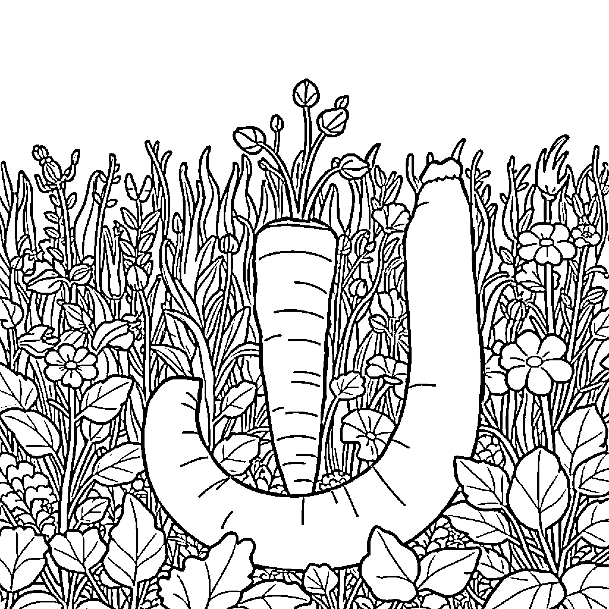 Carrot growing amidst lush foliage and flowers Coloring Page (free black-and-white line drawing printable PDF for all, from beginners to advanced learners, including children, teens, adults, and seniors)
