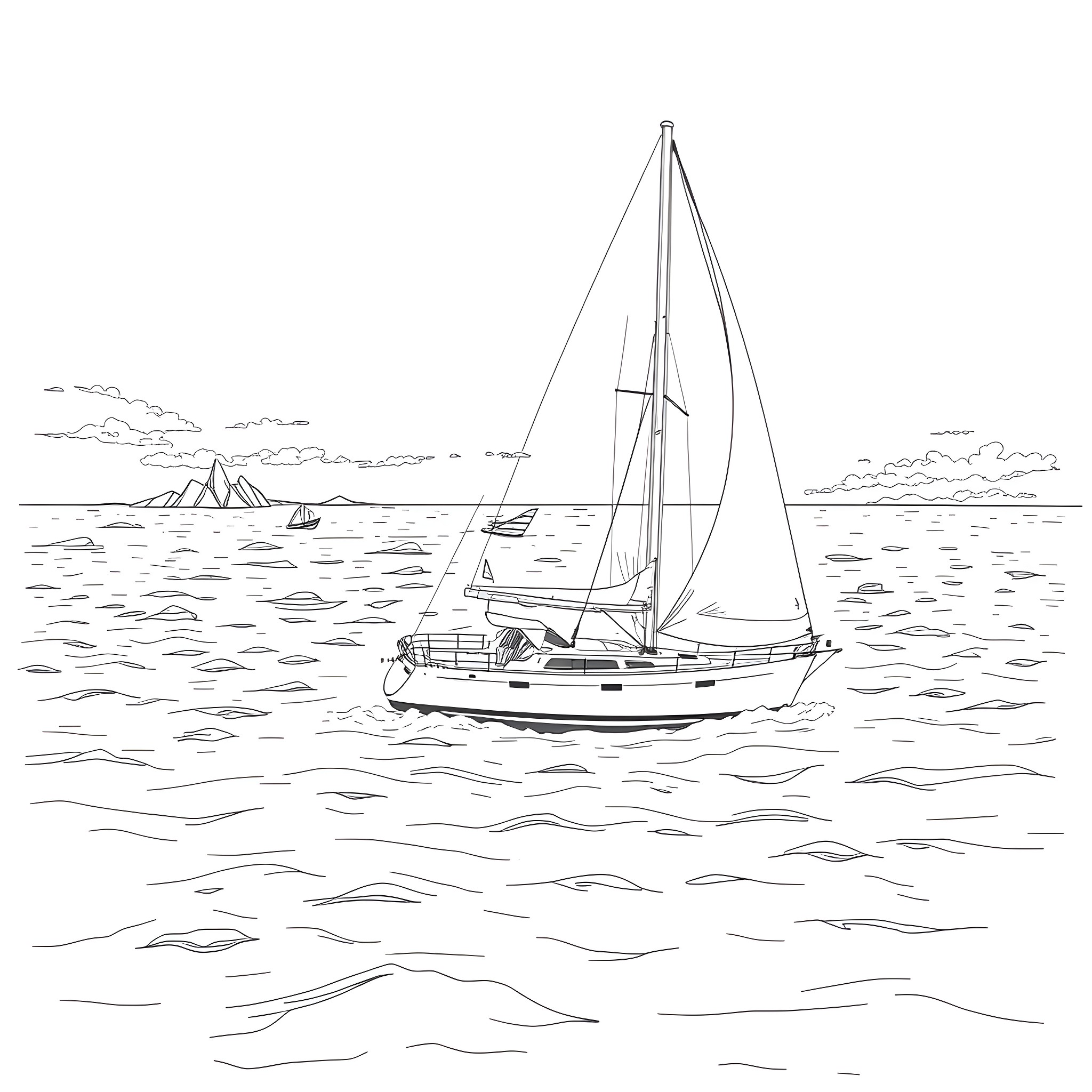 Sailboat sailing in open waters with distant islands Coloring Page (free black-and-white line drawing printable PDF for all, from beginners to advanced learners, including children, teens, adults, and seniors)