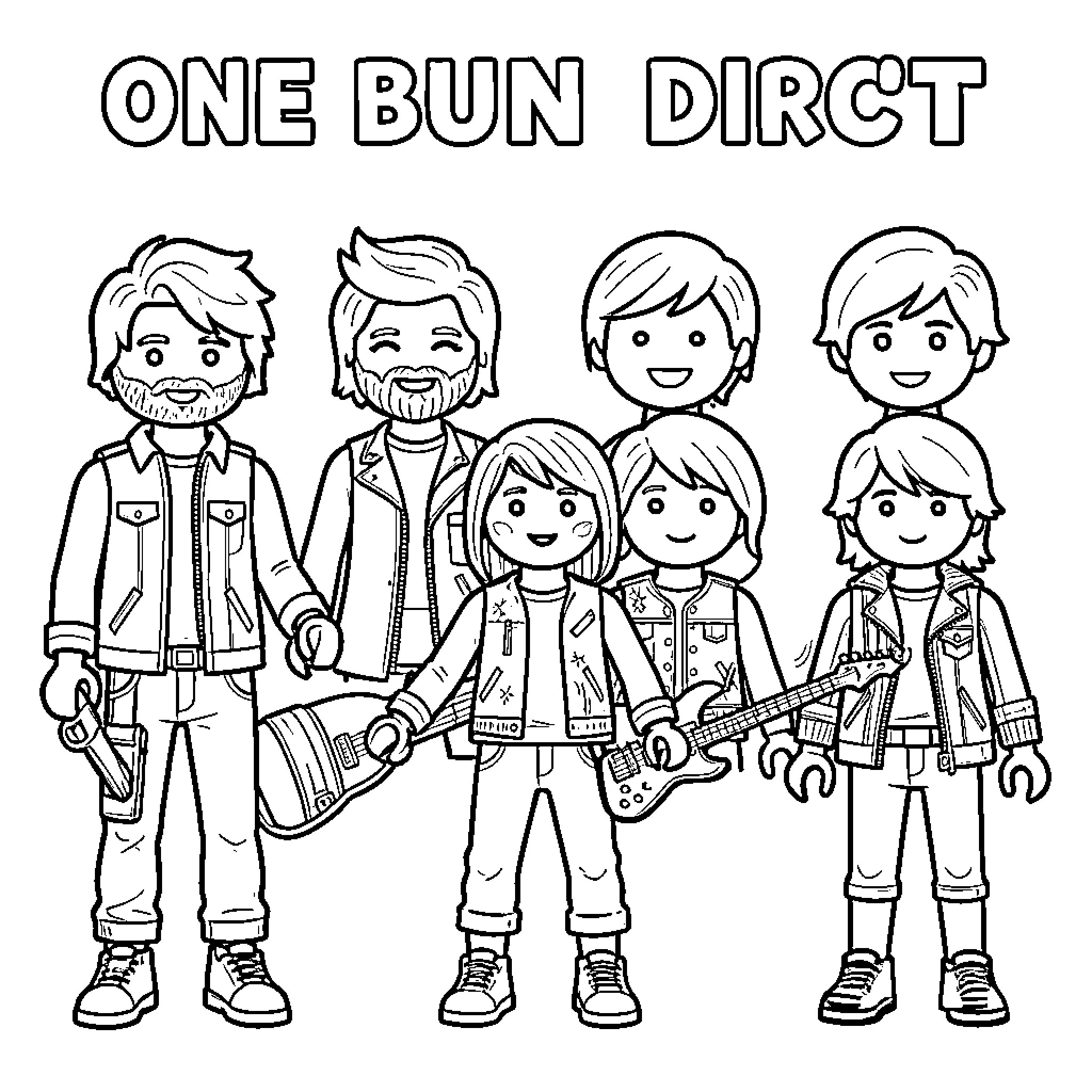 One Direction cartoon band members posing together Coloring Page (free black-and-white line drawing printable PDF for all, from beginners to advanced learners, including children, teens, adults, and seniors)