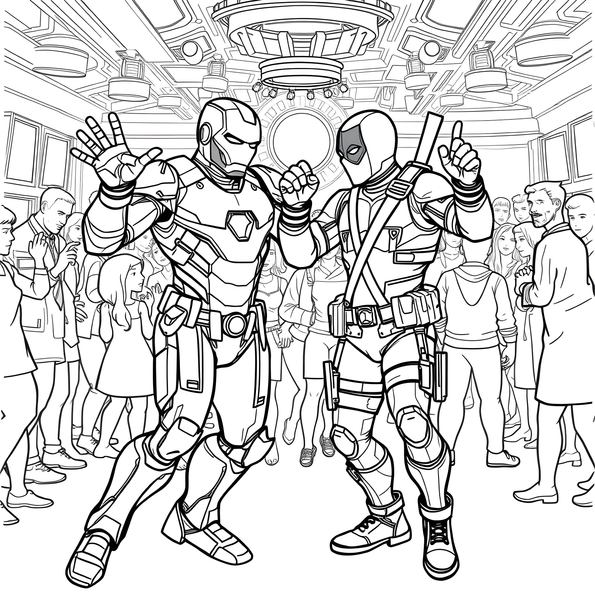 Ironman and Deadpool at a superhero party Coloring Page (free black-and-white line drawing printable PDF for all, from beginners to advanced learners, including children, teens, adults, and seniors)