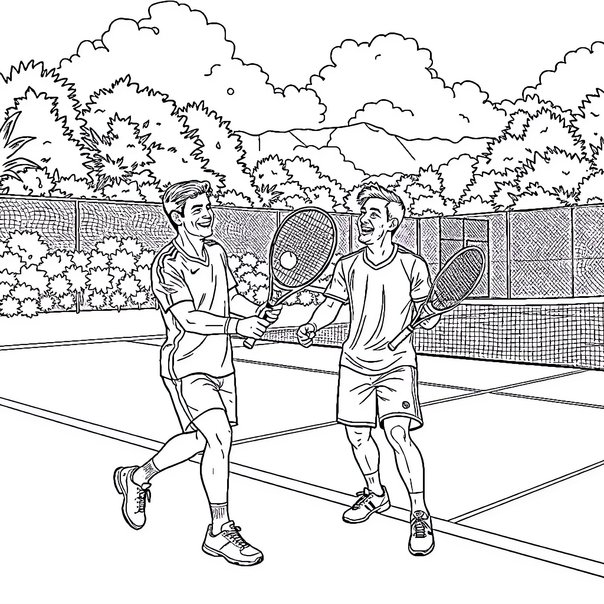 Cristiano Ronaldo playing tennis with opponent on court Coloring Page (free black-and-white line drawing printable PDF for all, from beginners to advanced learners, including children, teens, adults, and seniors)