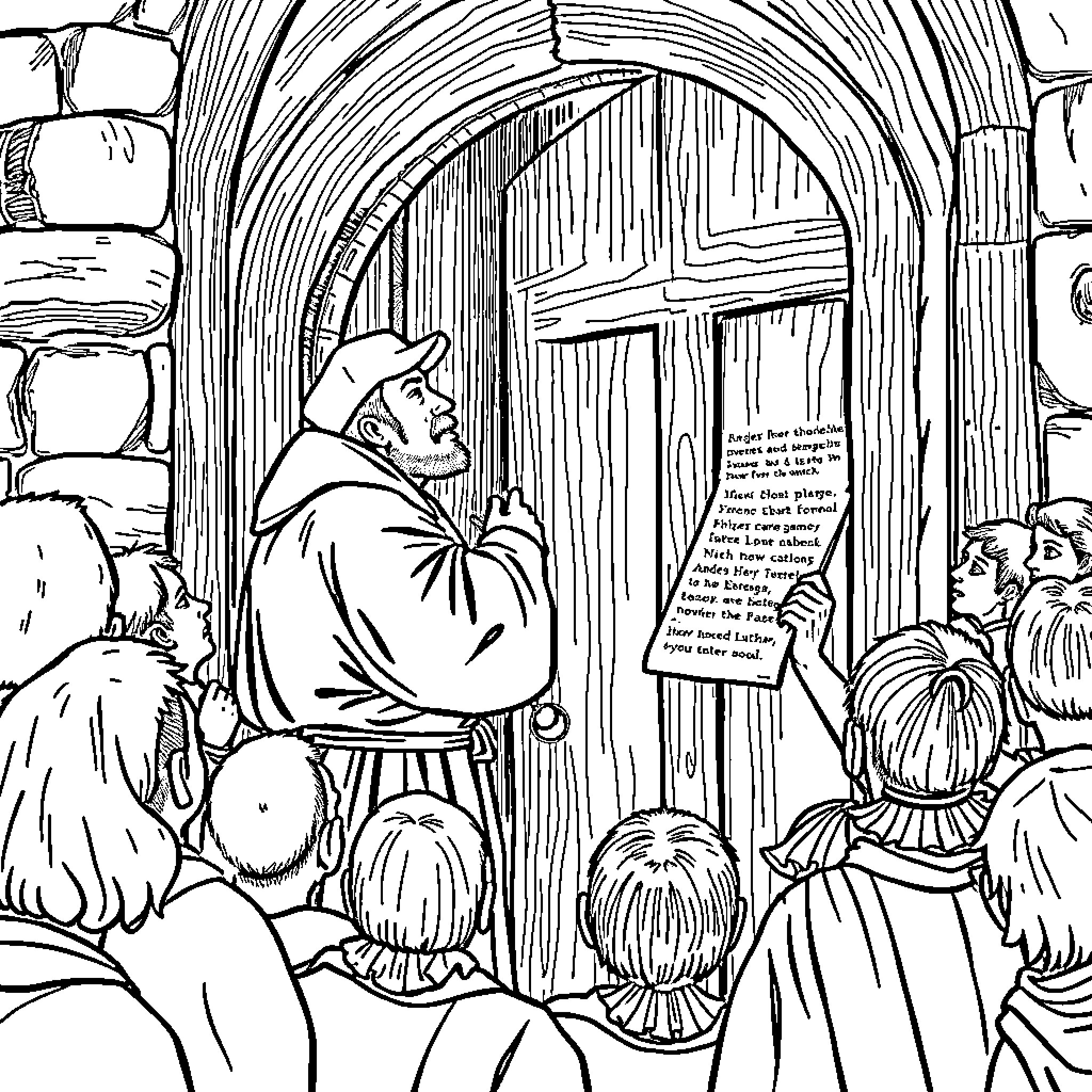 Martin Luther's Teachings Attract Crowds at the Church Door Coloring Page (free black-and-white line drawing printable PDF for all, from beginners to advanced learners, including children, teens, adults, and seniors)