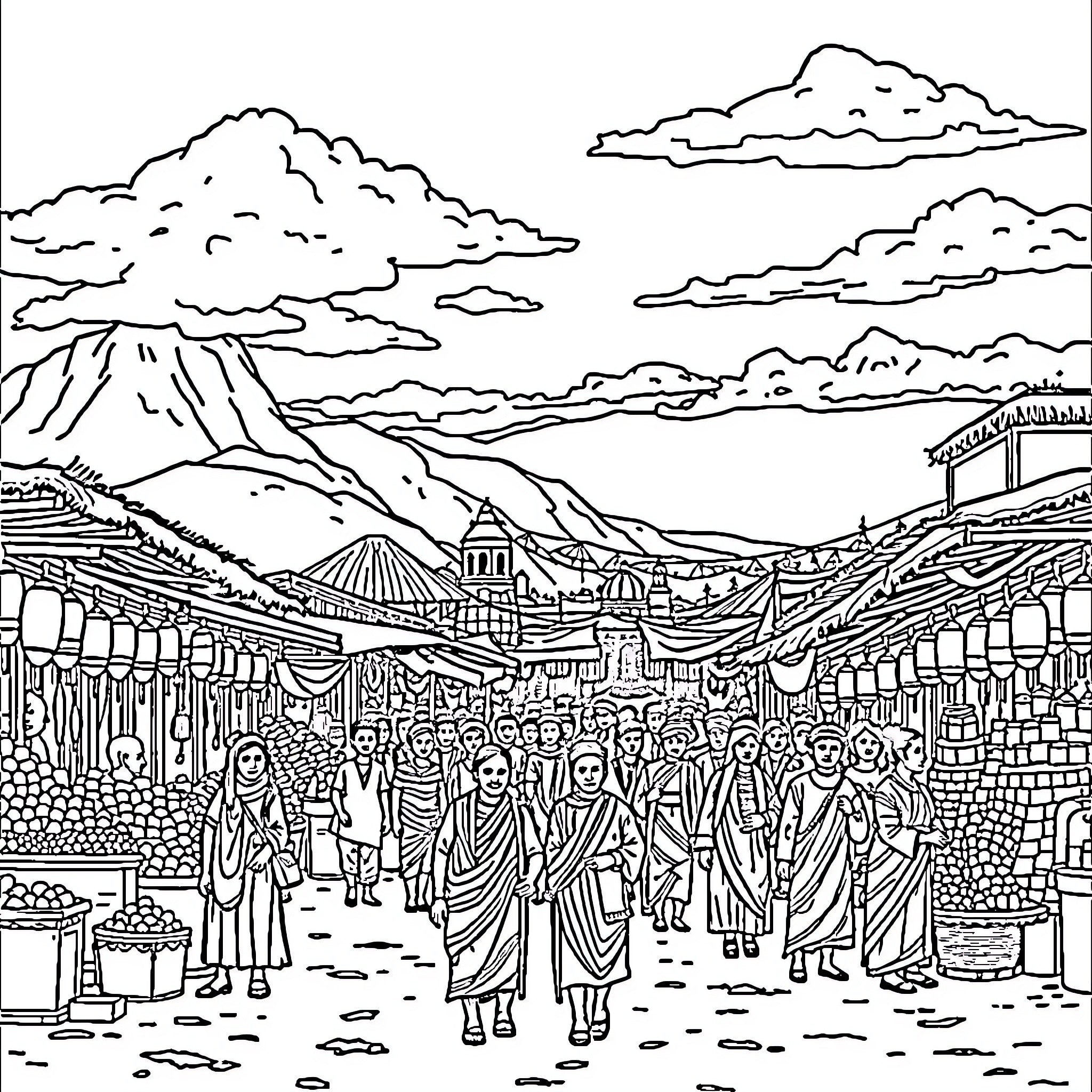 Ethiopia Bustling Marketplace Scene with Crowds Coloring Page (free black-and-white line drawing printable PDF for all, from beginners to advanced learners, including children, teens, adults, and seniors)