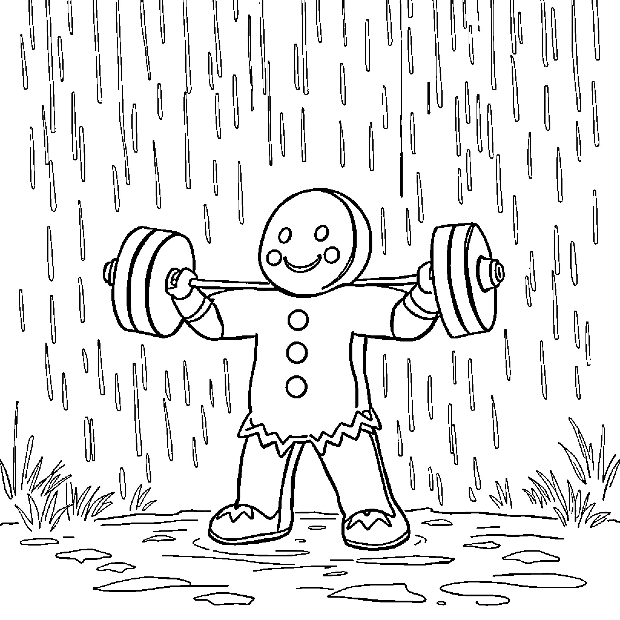 Gingerbread Person Lifting Weights in the Rain Coloring Page (free black-and-white line drawing printable PDF for all, from beginners to advanced learners, including children, teens, adults, and seniors)