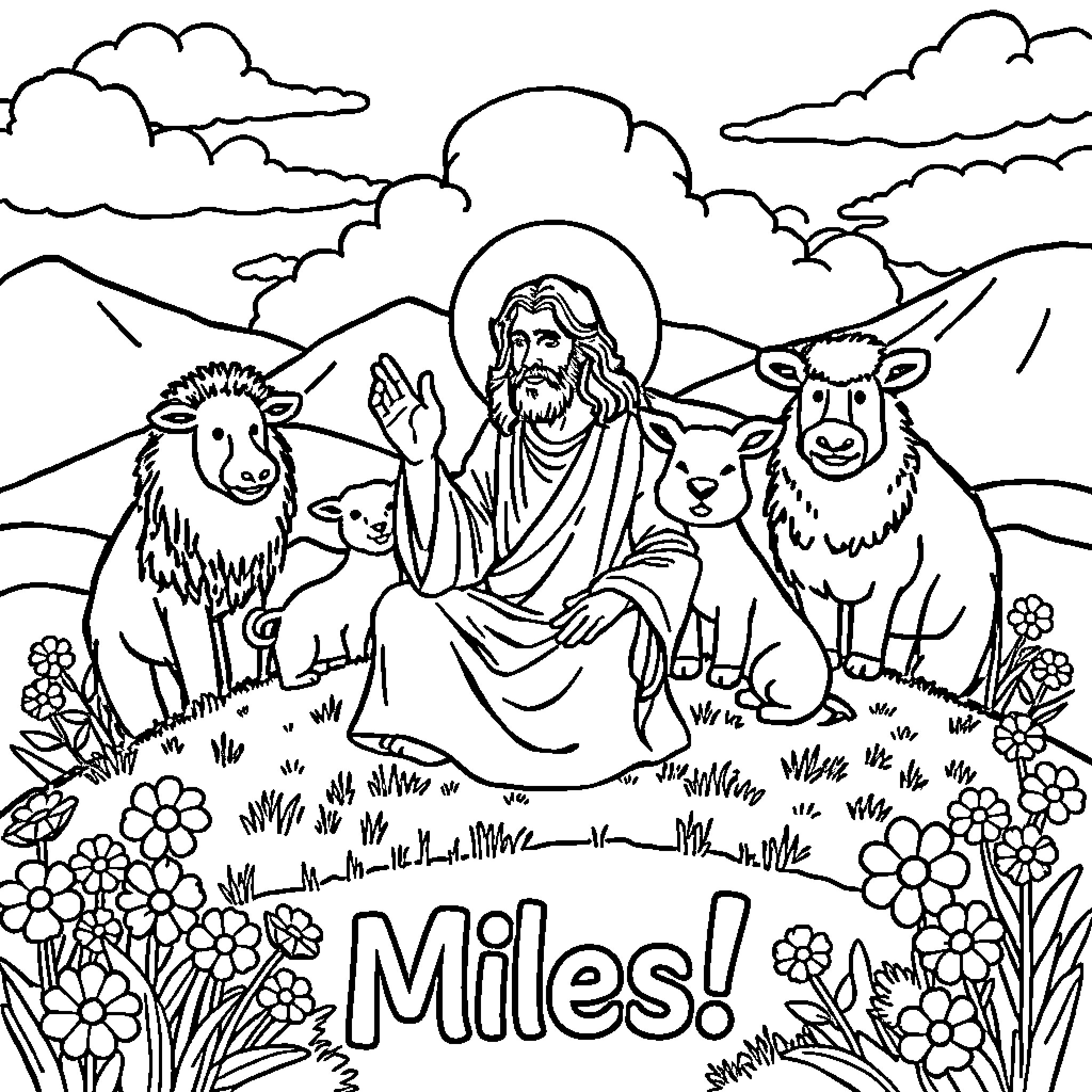 Jesus surrounded by animals in a serene landscape Coloring Page (free black-and-white line drawing printable PDF for all, from beginners to advanced learners, including children, teens, adults, and seniors)