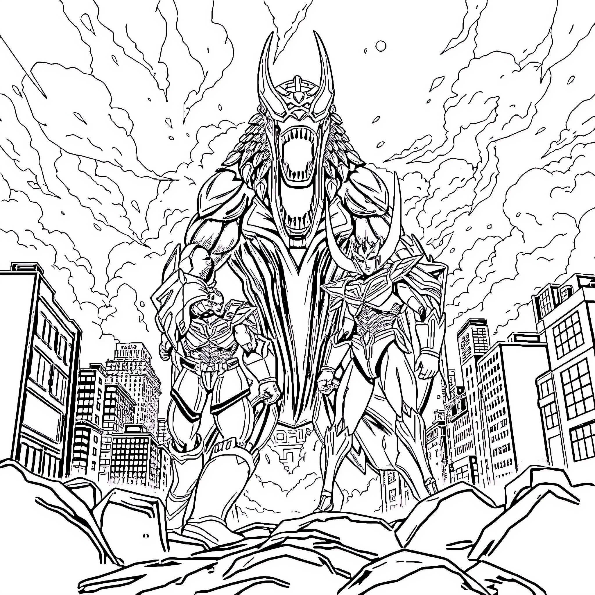 Ultraman unleashing power over the city Coloring Page (free black-and-white line drawing printable PDF for all, from beginners to advanced learners, including children, teens, adults, and seniors)