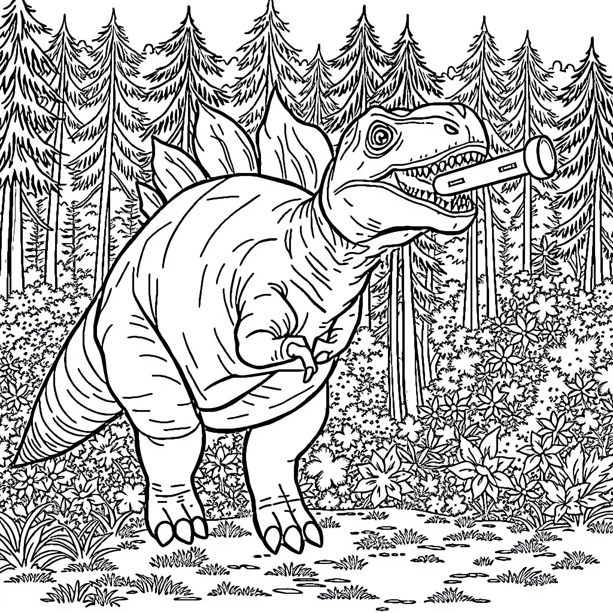 Ankylosaurus exploring the forest landscape Coloring Page (free black-and-white line drawing printable PDF for all, from beginners to advanced learners, including children, teens, adults, and seniors)