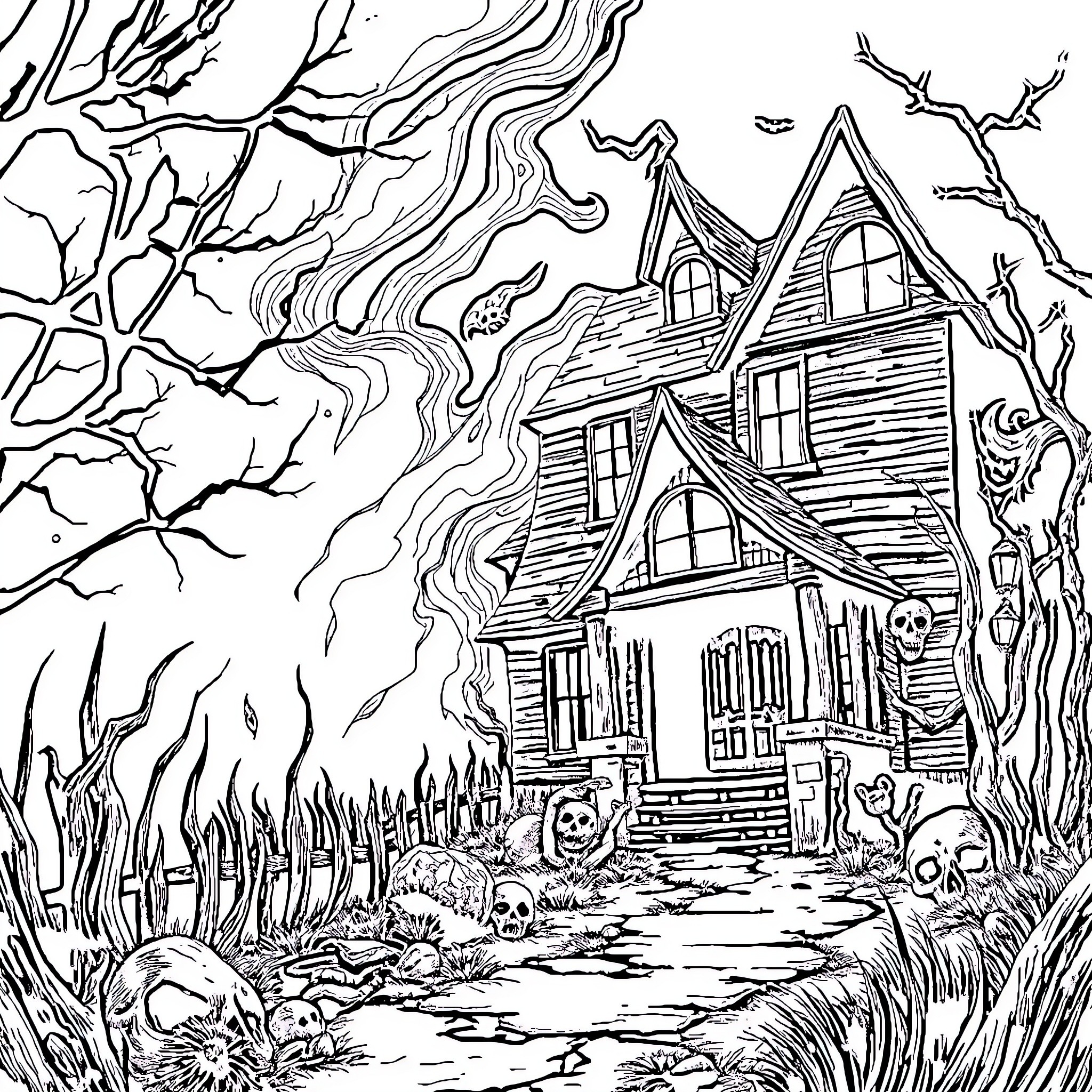 Horror Story: Haunted House in the Spooky Wilderness Coloring Page (free black-and-white line drawing printable PDF for all, from beginners to advanced learners, including children, teens, adults, and seniors)