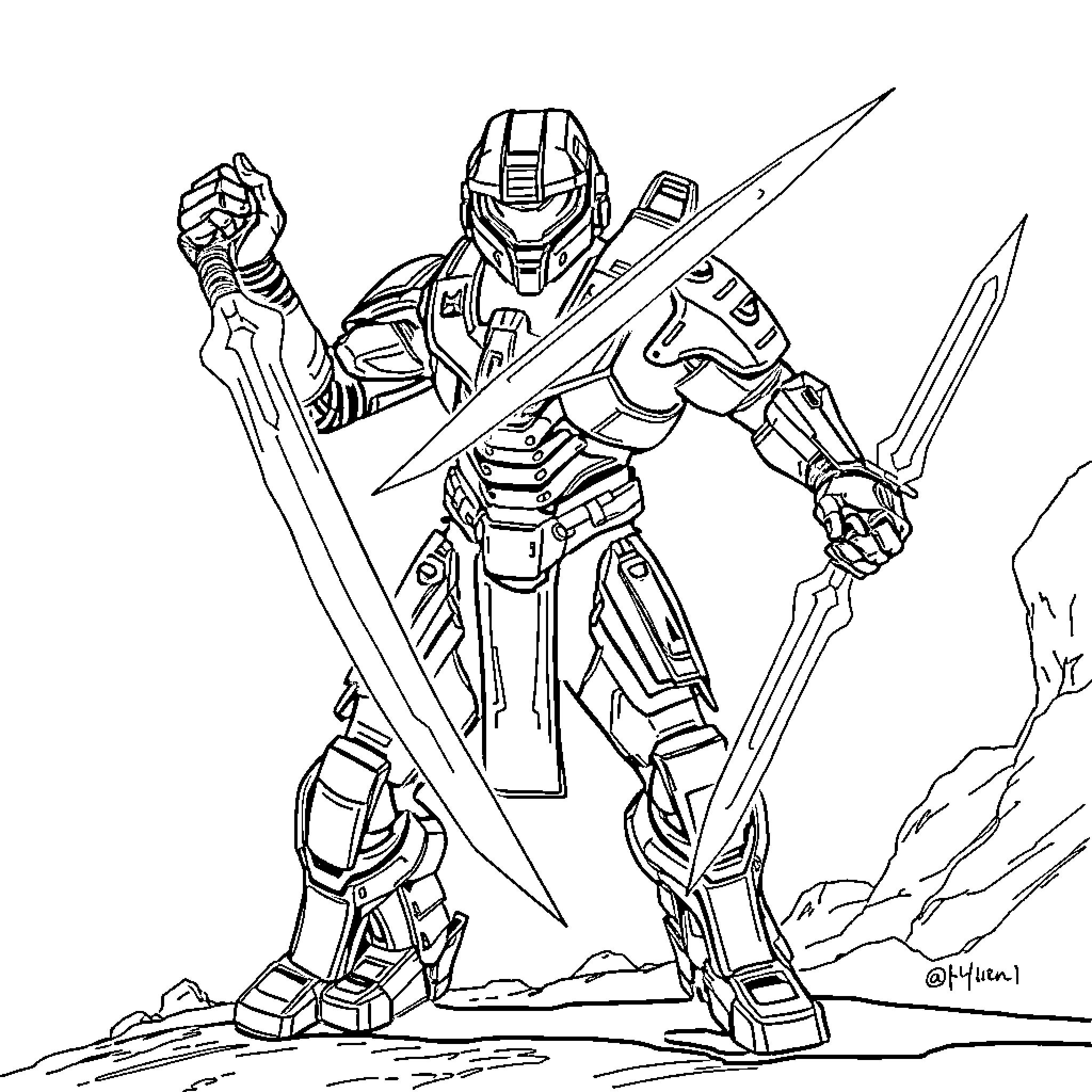 Elite Futuristic Warrior Stands Poised for Battle Coloring Page (free black-and-white line drawing printable PDF for all, from beginners to advanced learners, including children, teens, adults, and seniors)