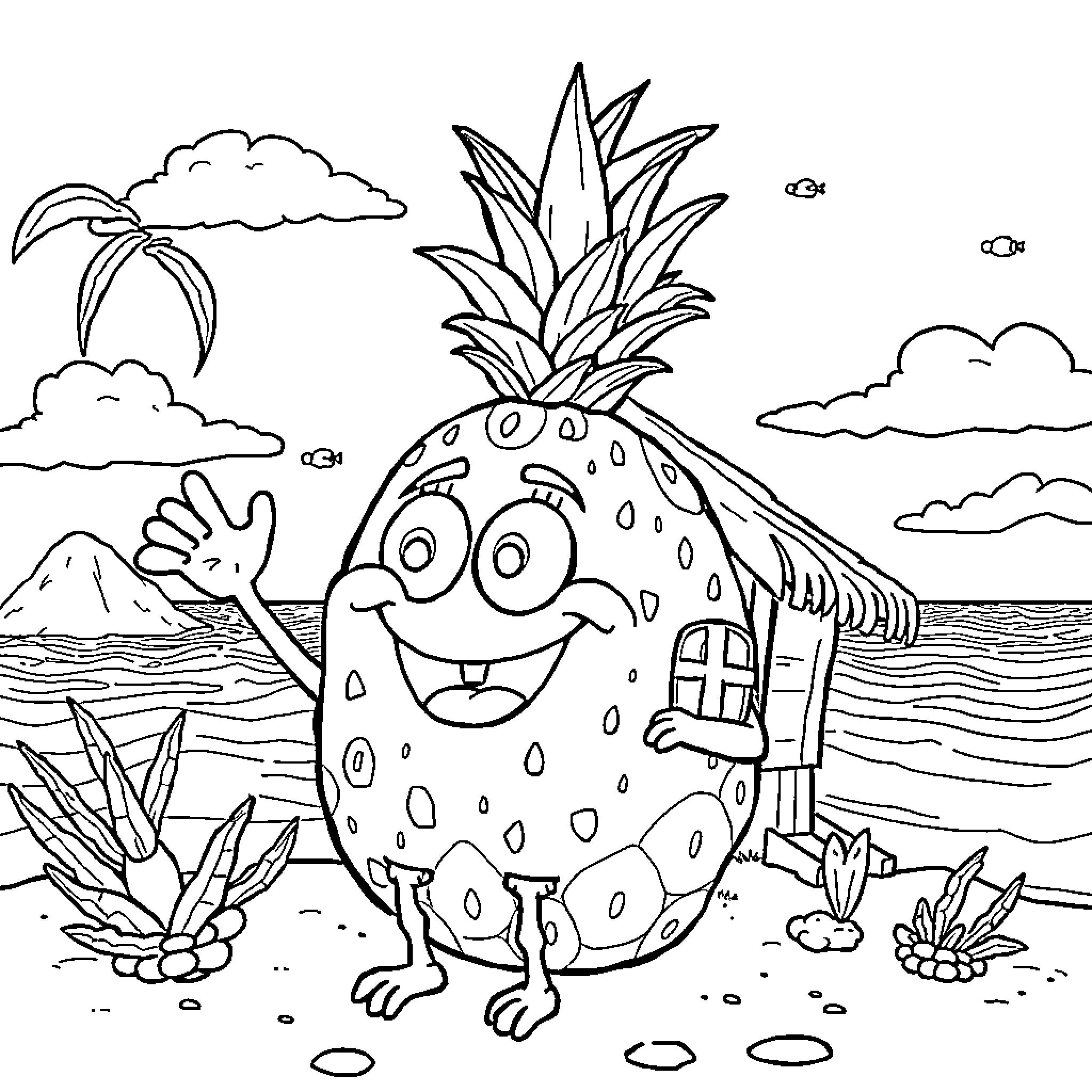 Bob esponja's fun adventure in the tropical paradise Coloring Page (free black-and-white line drawing printable PDF for all, from beginners to advanced learners, including children, teens, adults, and seniors)