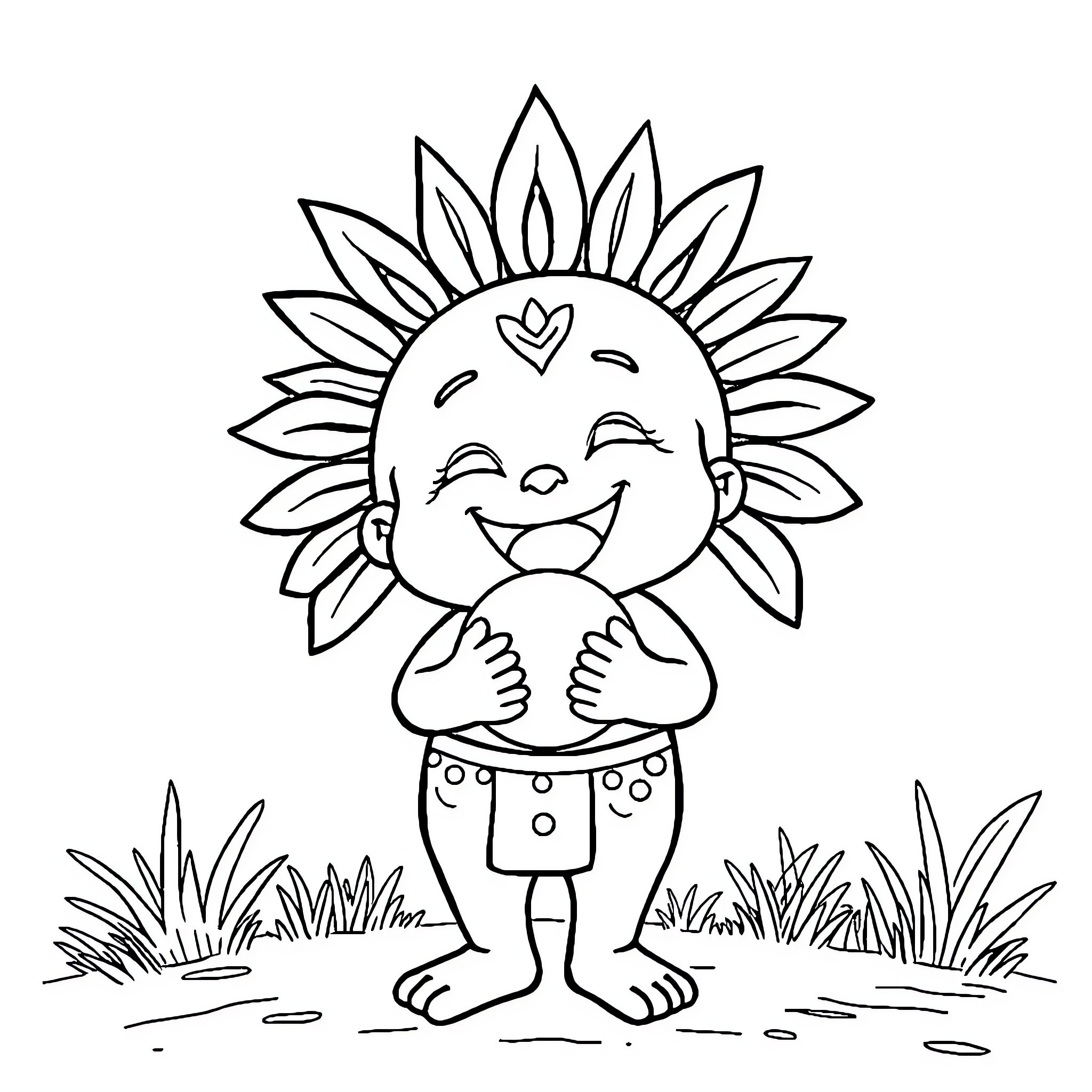 Tchoupi's Cheerful Sunflower Pose Coloring Page (free black-and-white line drawing printable PDF for all, from beginners to advanced learners, including children, teens, adults, and seniors)