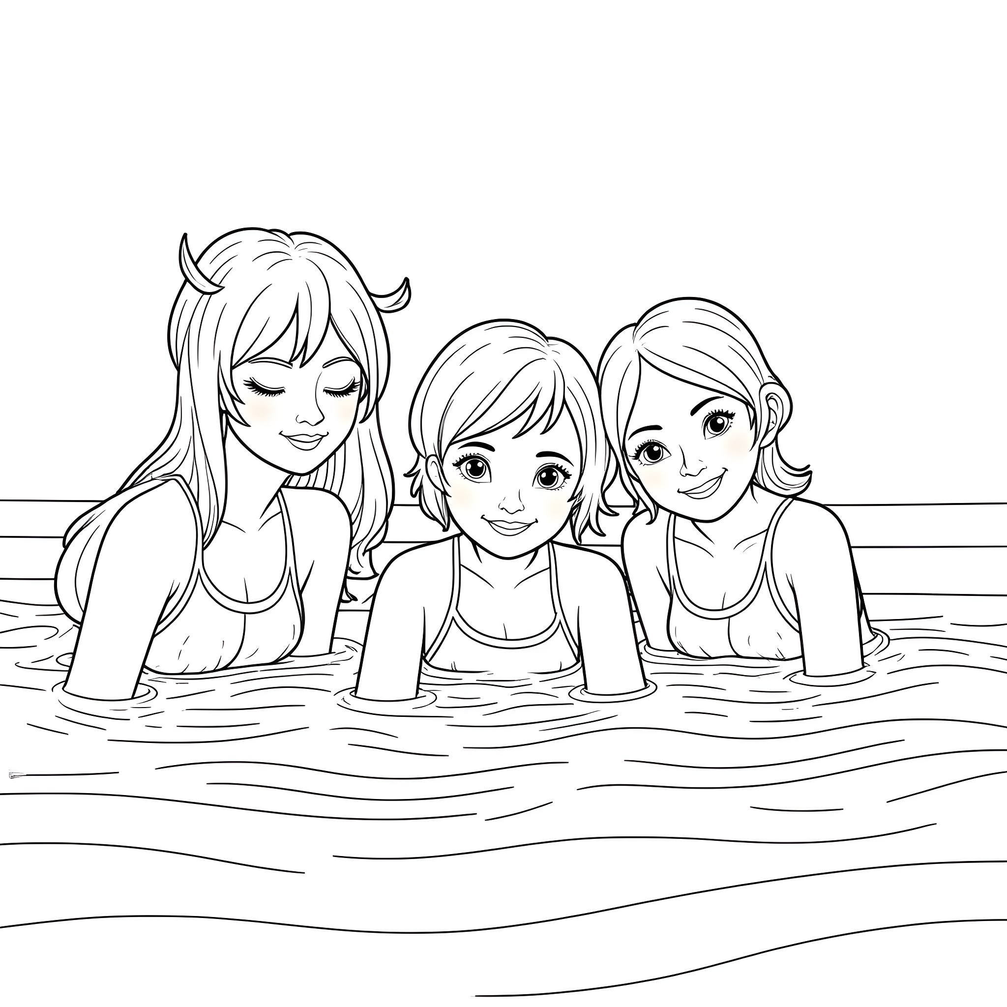 Children swimming happily together Coloring Page (free black-and-white line drawing printable PDF for all, from beginners to advanced learners, including children, teens, adults, and seniors)