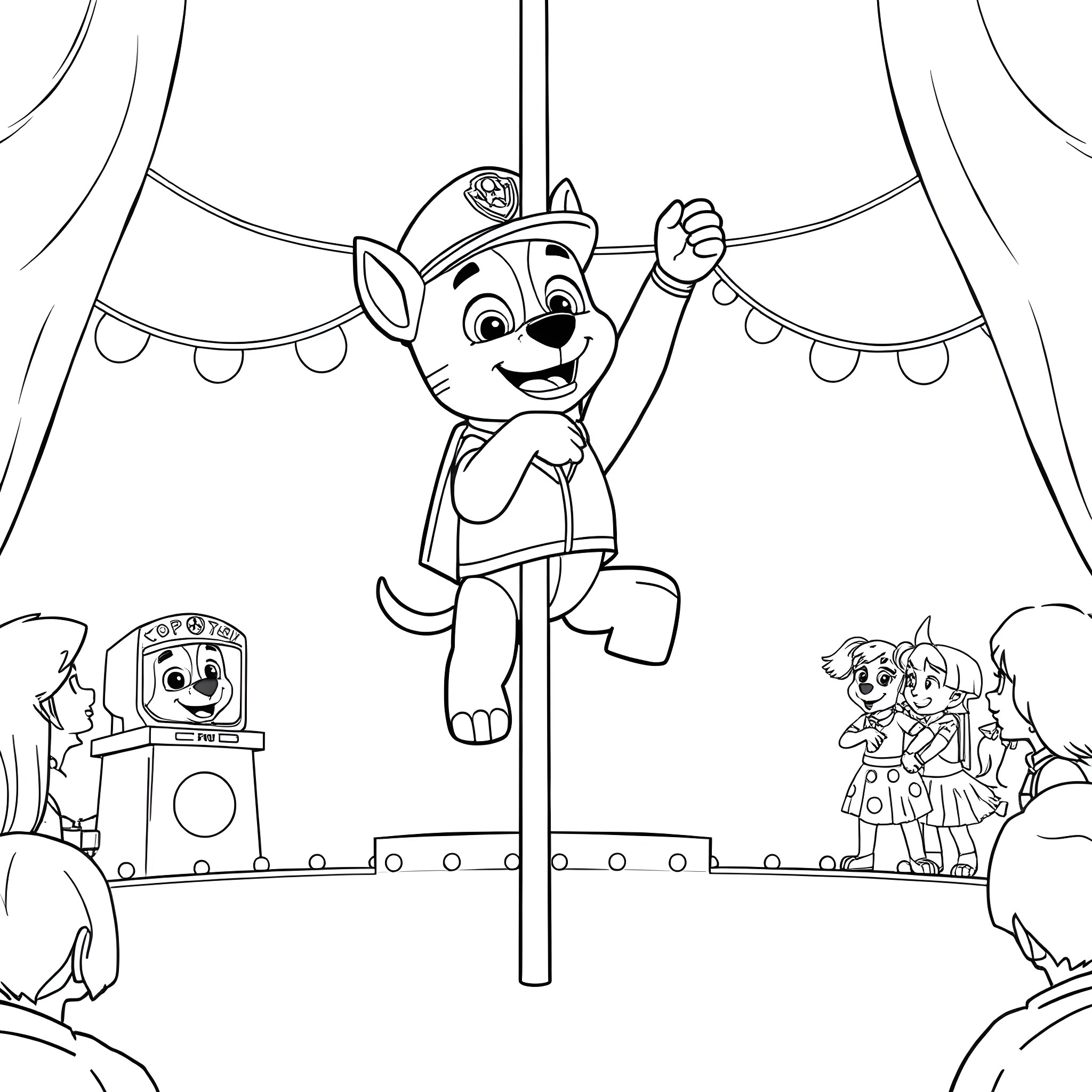 Marshall the heroic pup performing a circus act Coloring Page (free black-and-white line drawing printable PDF for all, from beginners to advanced learners, including children, teens, adults, and seniors)