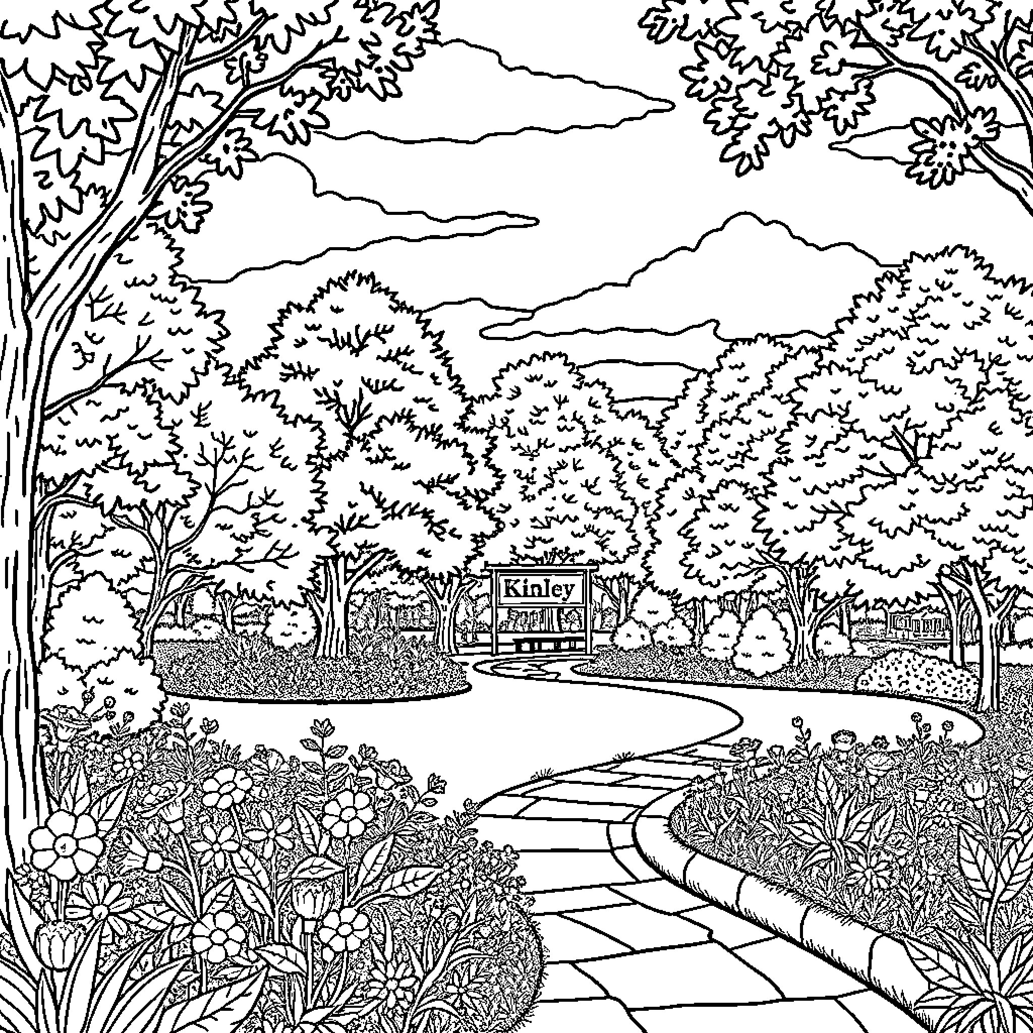 Park scene with winding path and lush foliage Coloring Page (free black-and-white line drawing printable PDF for all, from beginners to advanced learners, including children, teens, adults, and seniors)