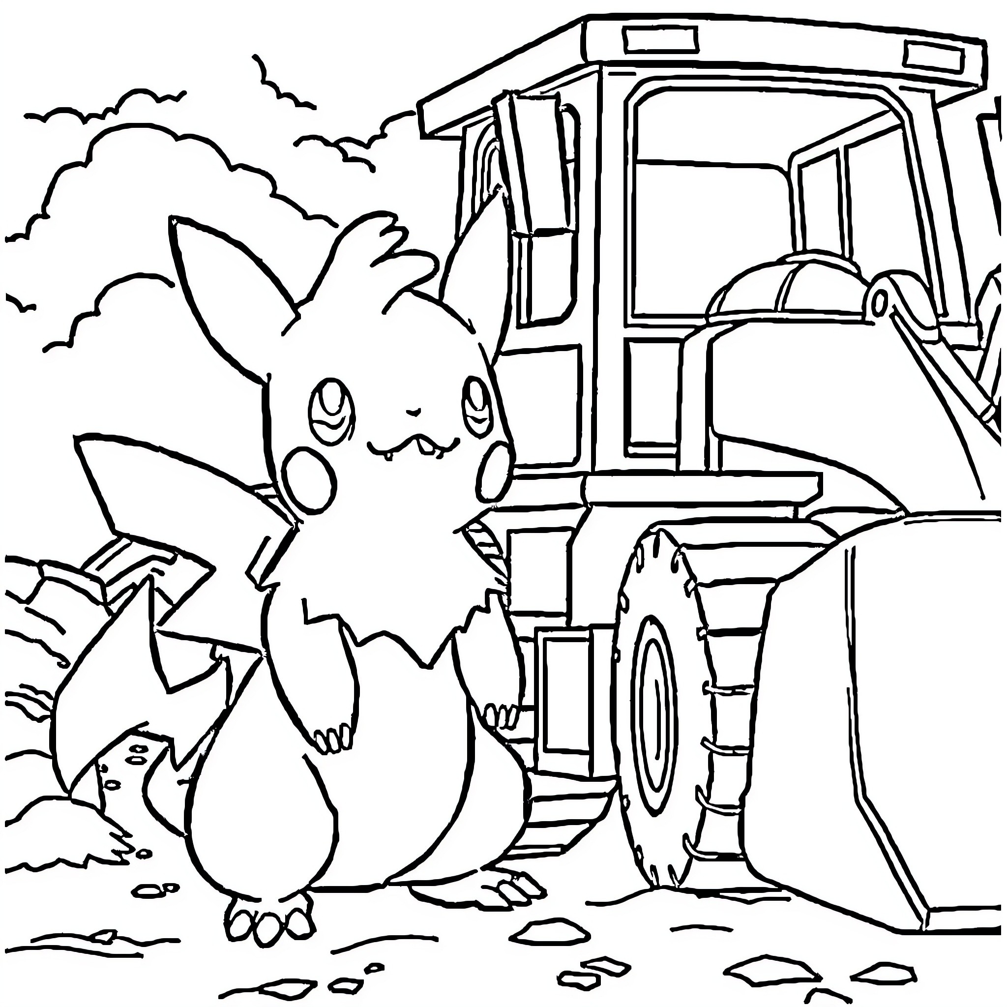 Pokémon Pikachu playing near a construction vehicle Coloring Page (free black-and-white line drawing printable PDF for all, from beginners to advanced learners, including children, teens, adults, and seniors)