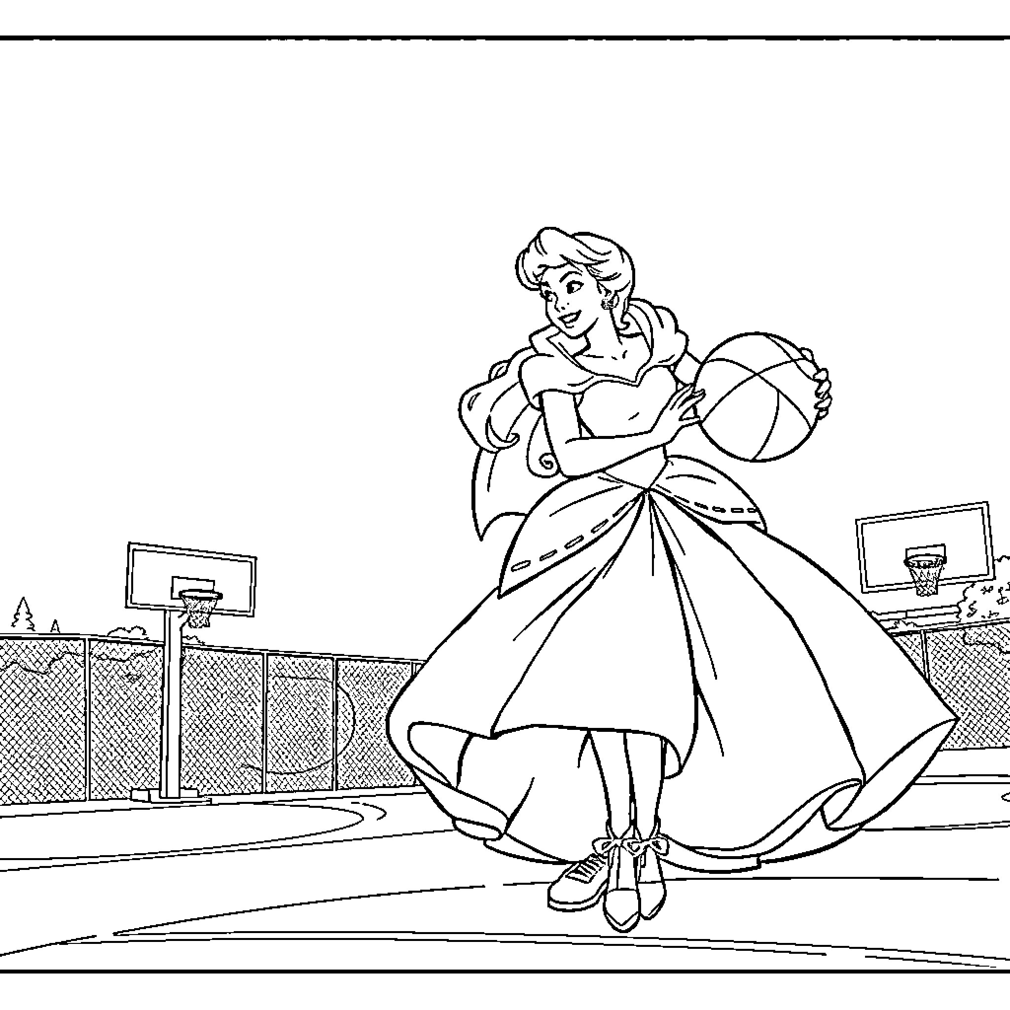 Cinderella dances with basketballs in the school gym Coloring Page (free black-and-white line drawing printable PDF for all, from beginners to advanced learners, including children, teens, adults, and seniors)
