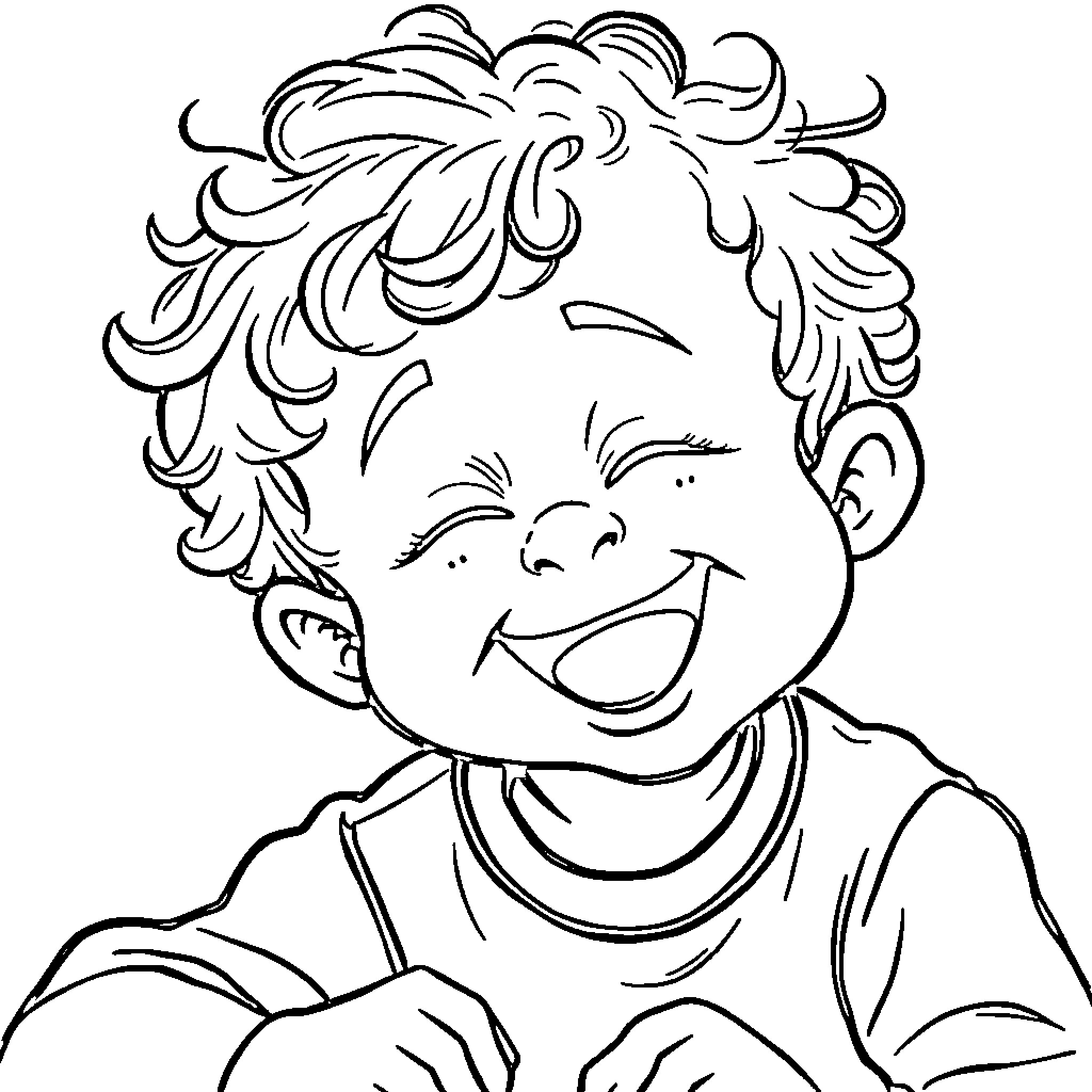 Boy happily smiling in playful sketch Coloring Page (free black-and-white line drawing printable PDF for all, from beginners to advanced learners, including children, teens, adults, and seniors)