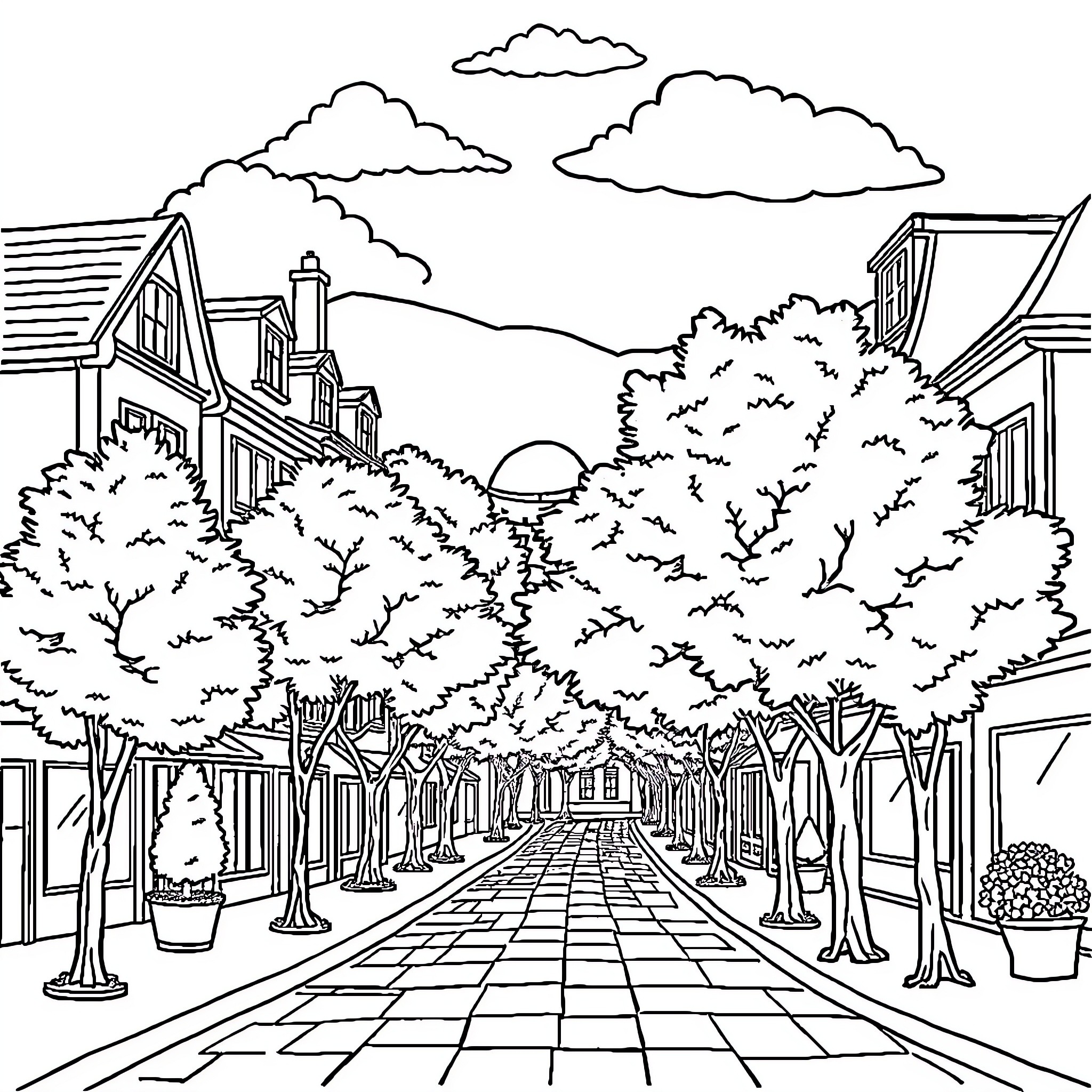 Quartier Scenic Downtown Street View Coloring Page (free black-and-white line drawing printable PDF for all, from beginners to advanced learners, including children, teens, adults, and seniors)