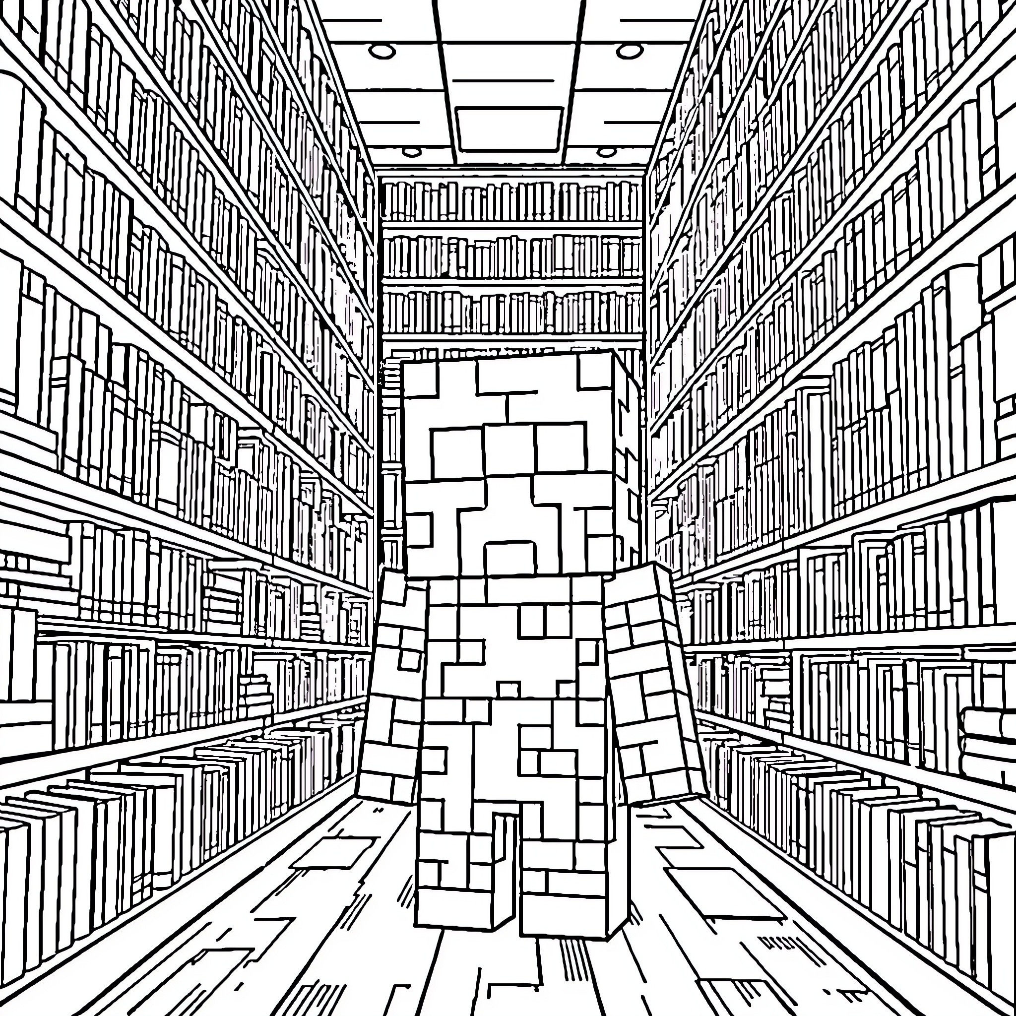 Creeper stalking through a maze of bookshelves Coloring Page (free black-and-white line drawing printable PDF for all, from beginners to advanced learners, including children, teens, adults, and seniors)