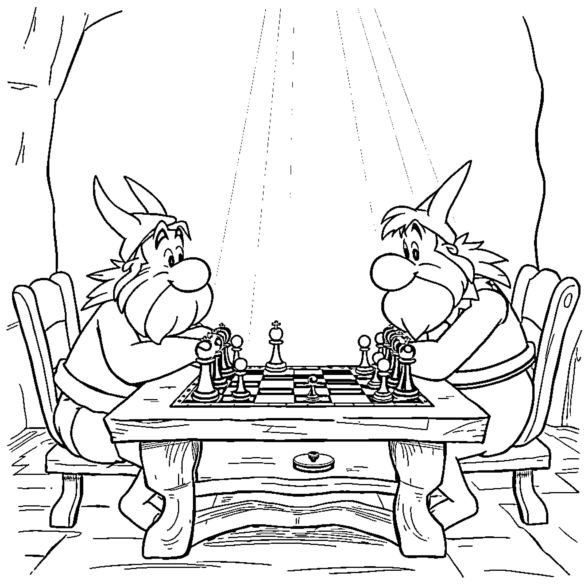 Asterix and Obelix playing chess in the forest Coloring Page (free black-and-white line drawing printable PDF for all, from beginners to advanced learners, including children, teens, adults, and seniors)