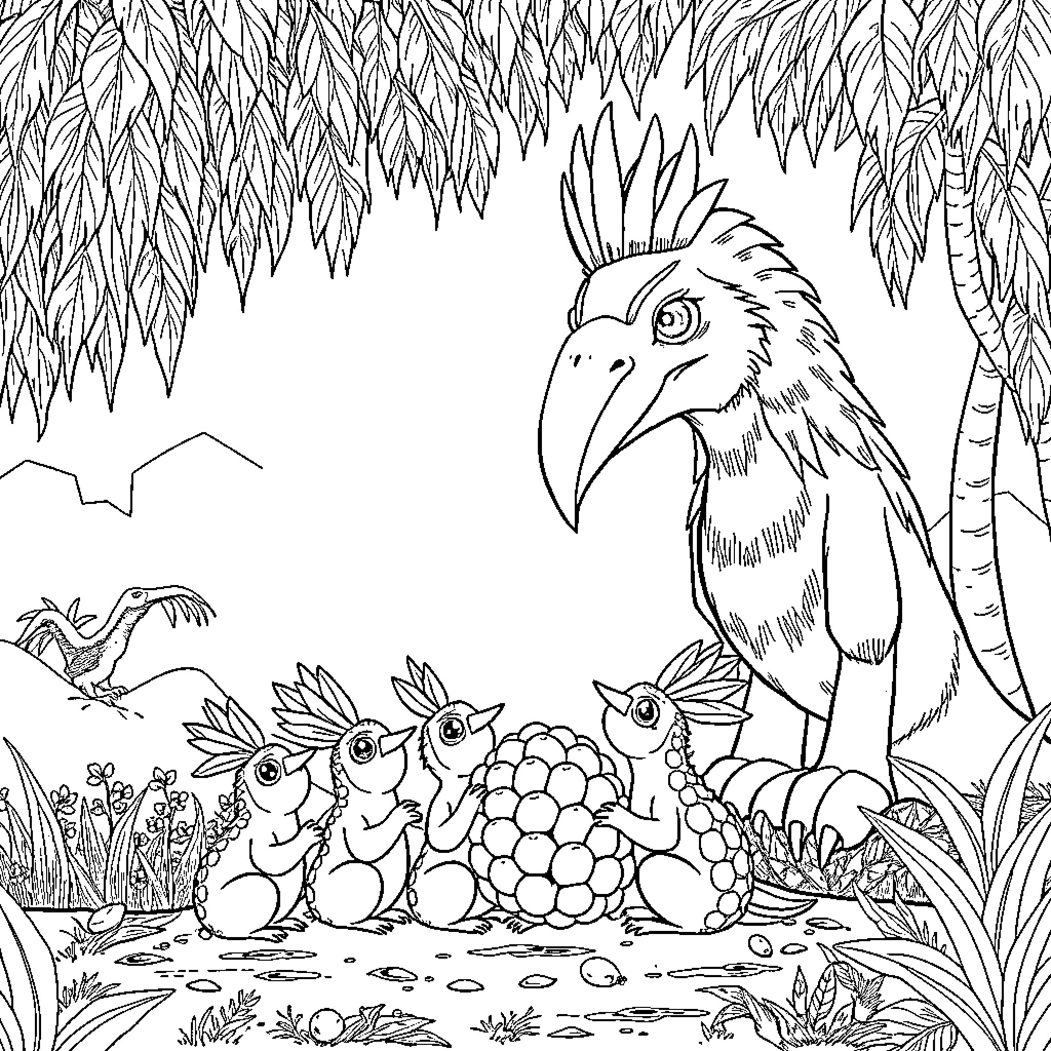 Squirrel observing baby birds in their nest Coloring Page (free black-and-white line drawing printable PDF for all, from beginners to advanced learners, including children, teens, adults, and seniors)