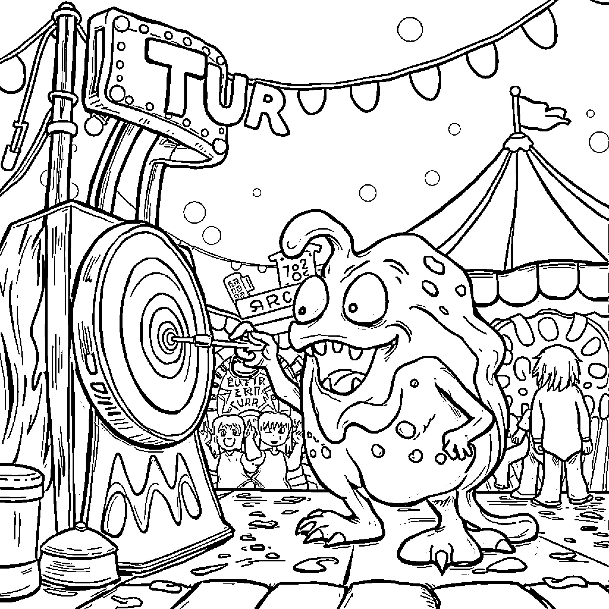 Slime Monster at the Carnival Funhouse Coloring Page (free black-and-white line drawing printable PDF for all, from beginners to advanced learners, including children, teens, adults, and seniors)