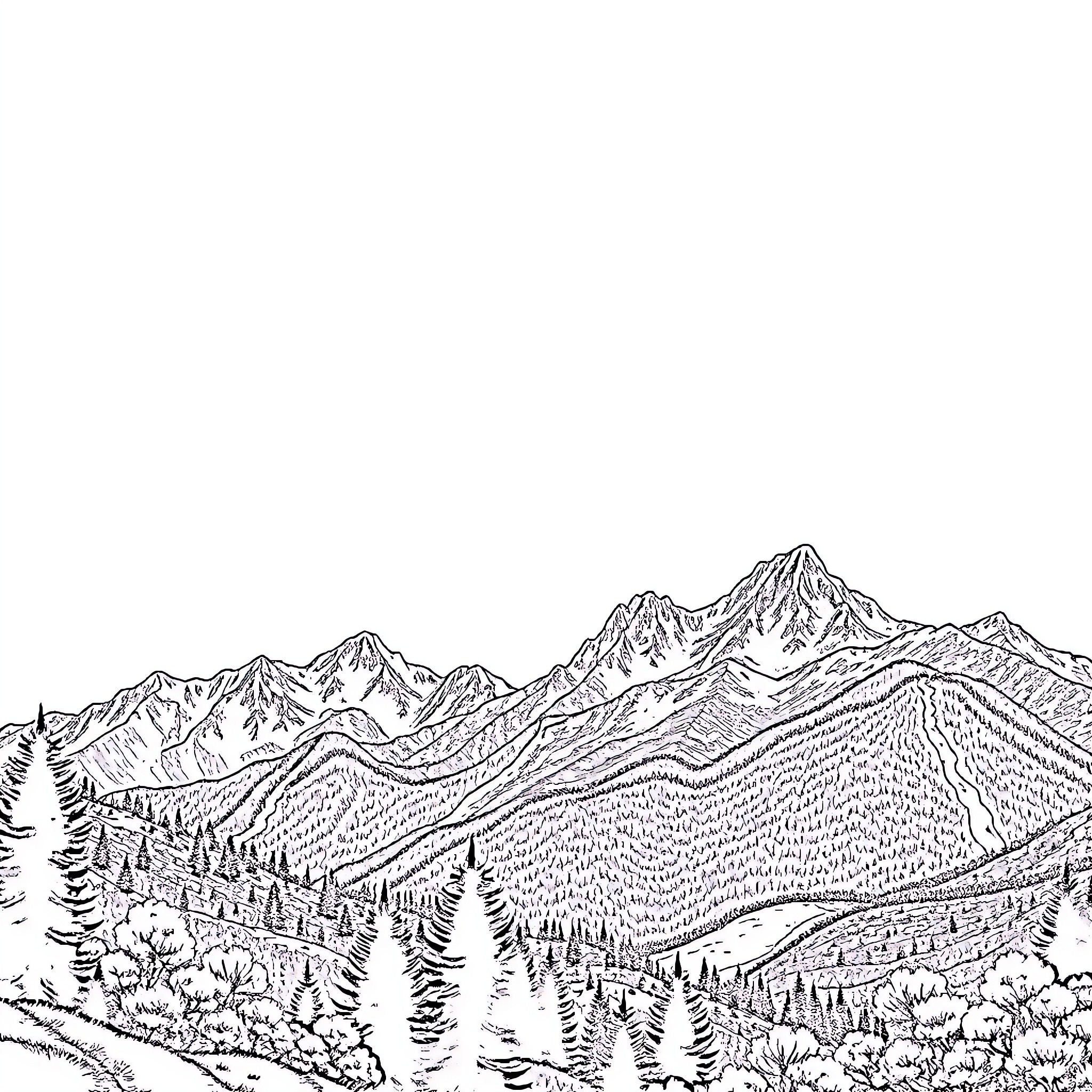 Landscape of majestic mountain peaks in the distance Coloring Page (free black-and-white line drawing printable PDF for all, from beginners to advanced learners, including children, teens, adults, and seniors)