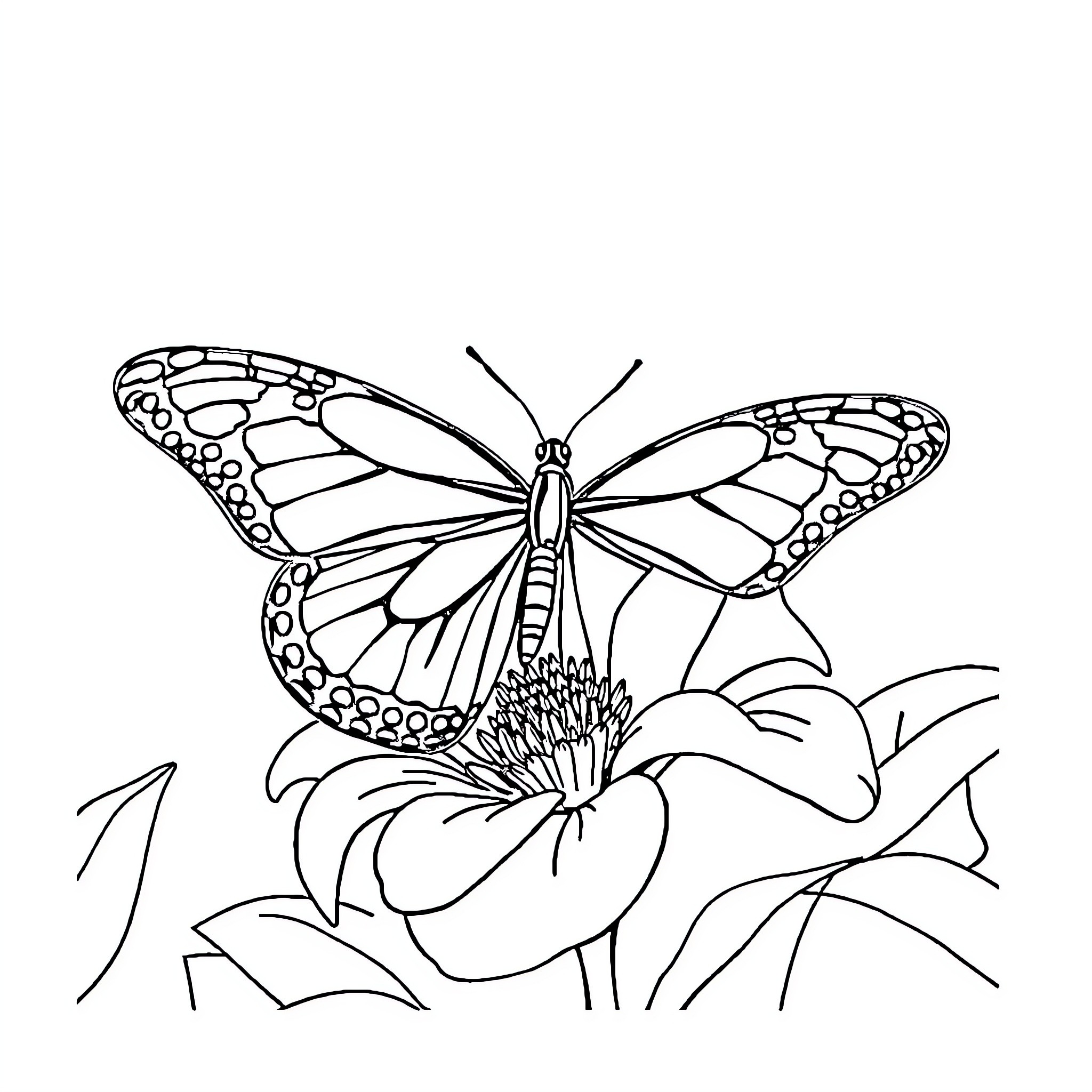 Butterfly resting on a vibrant flower Coloring Page (free black-and-white line drawing printable PDF for all, from beginners to advanced learners, including children, teens, adults, and seniors)