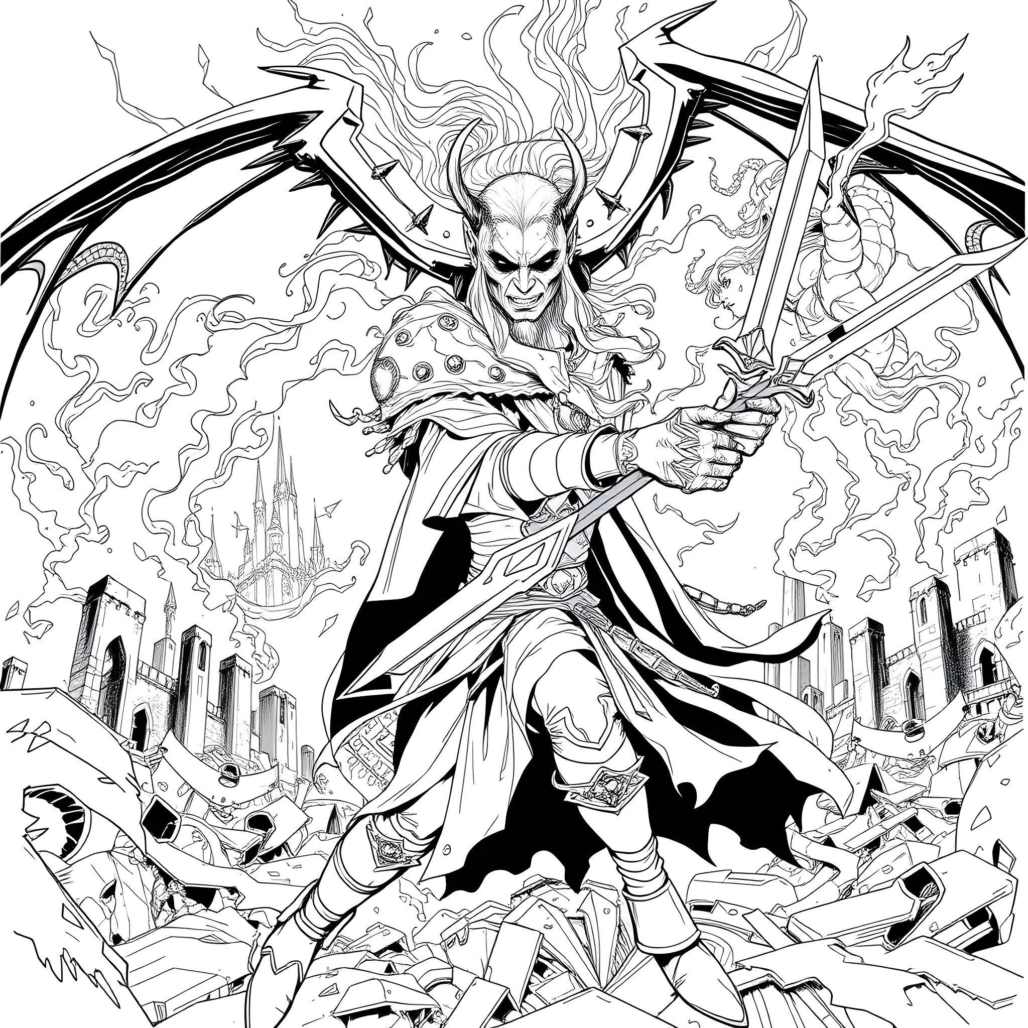 Drizzt Do'Urden unleashing his fury in a fantastical battle Coloring Page (free black-and-white line drawing printable PDF for all, from beginners to advanced learners, including children, teens, adults, and seniors)
