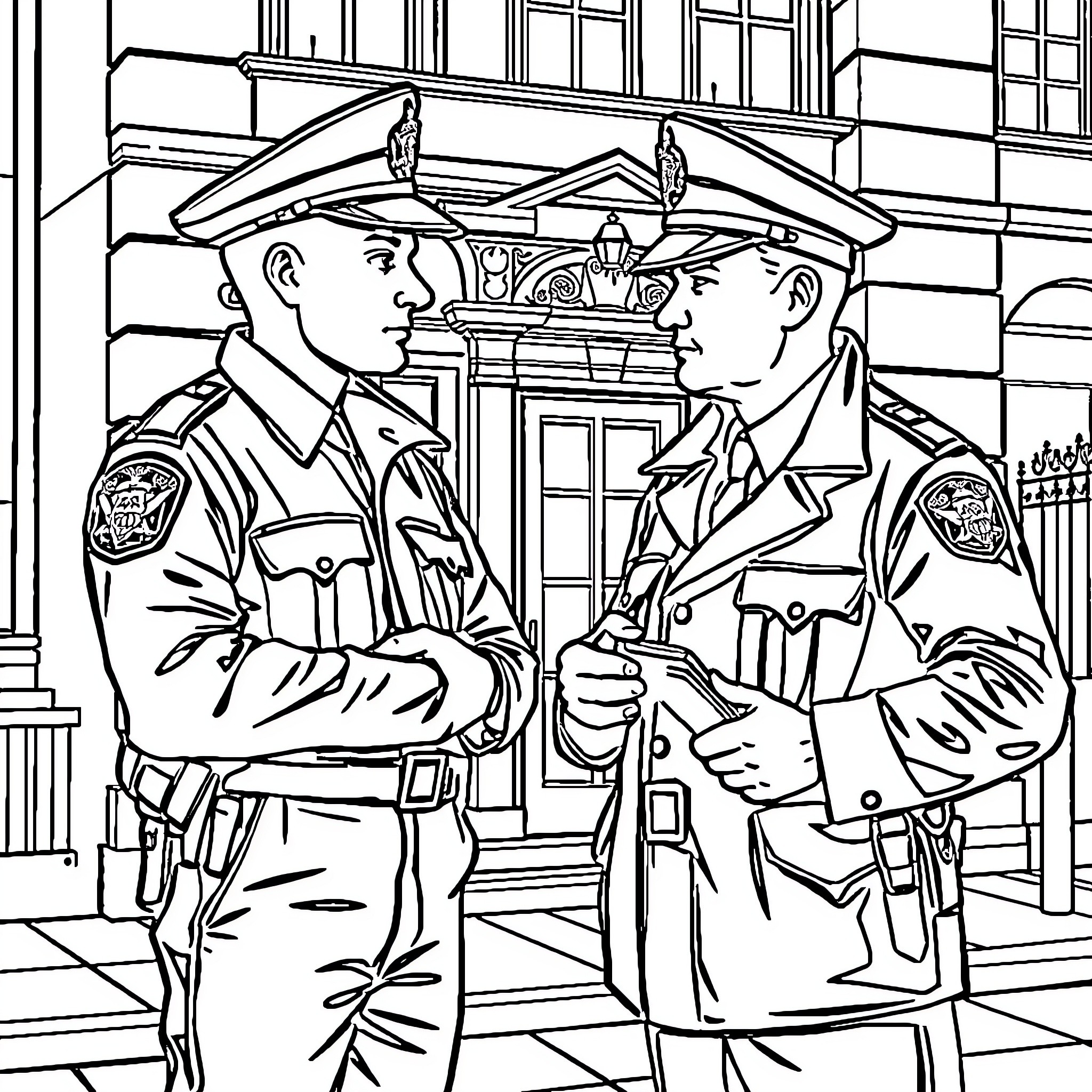 Police and Firefighter Officers Conversing Outdoors Coloring Page (free black-and-white line drawing printable PDF for all, from beginners to advanced learners, including children, teens, adults, and seniors)