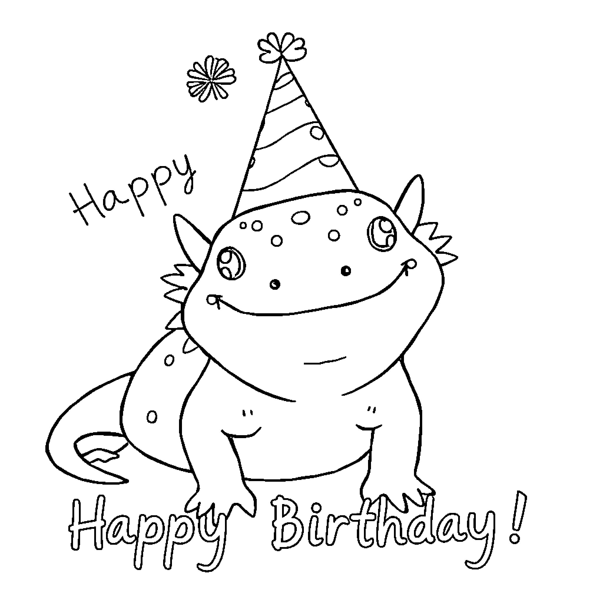 Axolotl celebrating a happy birthday Coloring Page (free black-and-white line drawing printable PDF for all, from beginners to advanced learners, including children, teens, adults, and seniors)