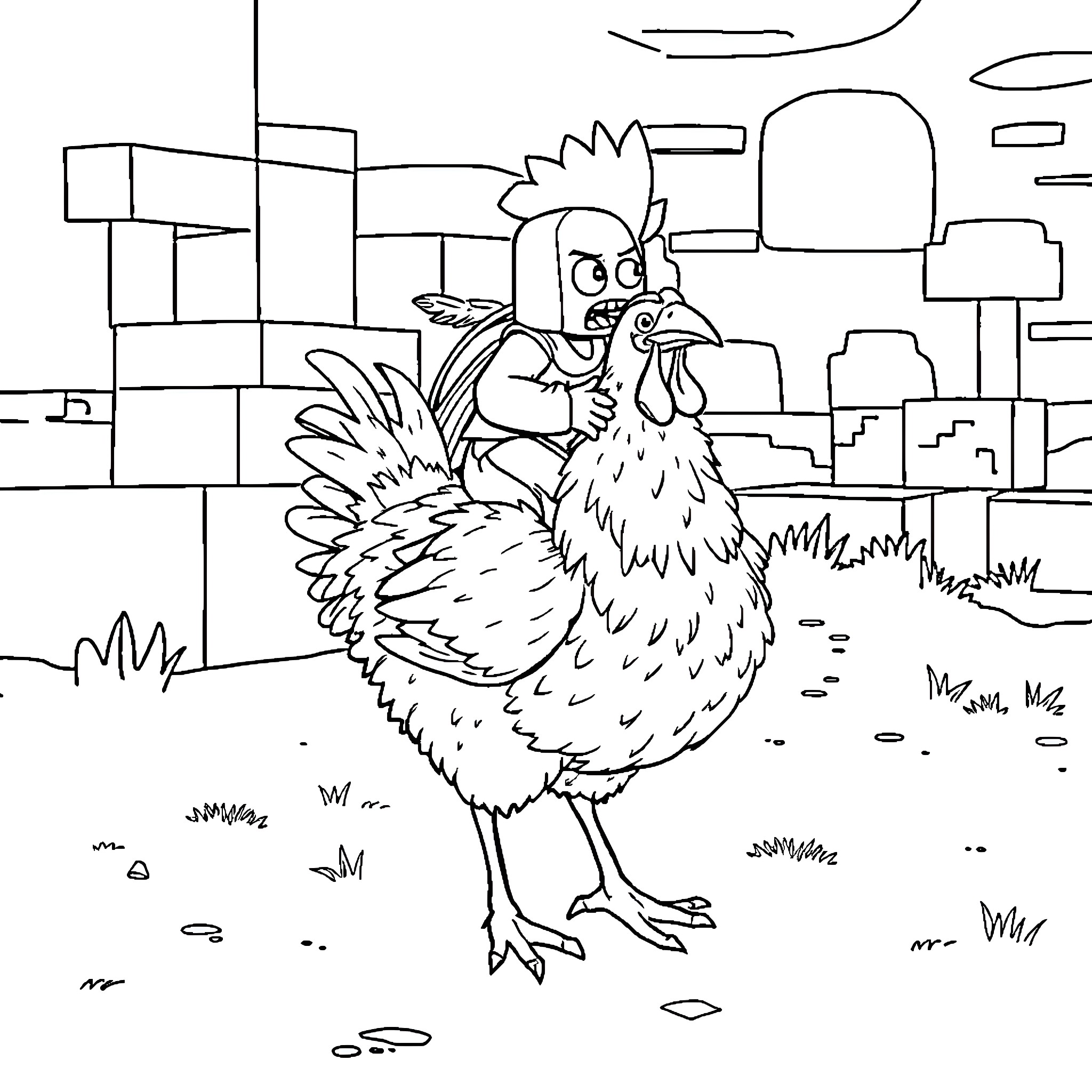 Chicken wandering in an urban setting Coloring Page (free black-and-white line drawing printable PDF for all, from beginners to advanced learners, including children, teens, adults, and seniors)