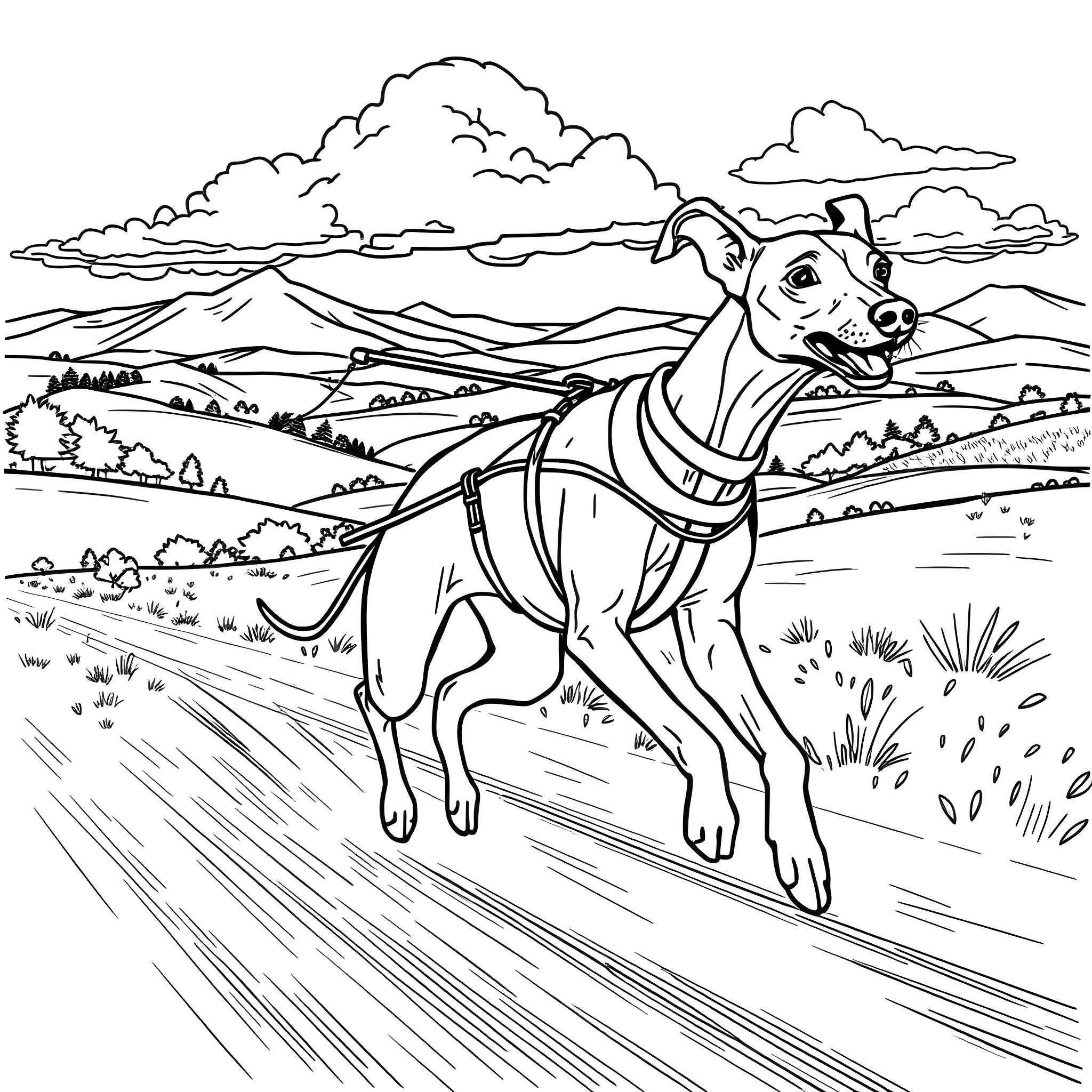 Italian Greyhound happily running through the countryside Coloring Page (free black-and-white line drawing printable PDF for all, from beginners to advanced learners, including children, teens, adults, and seniors)