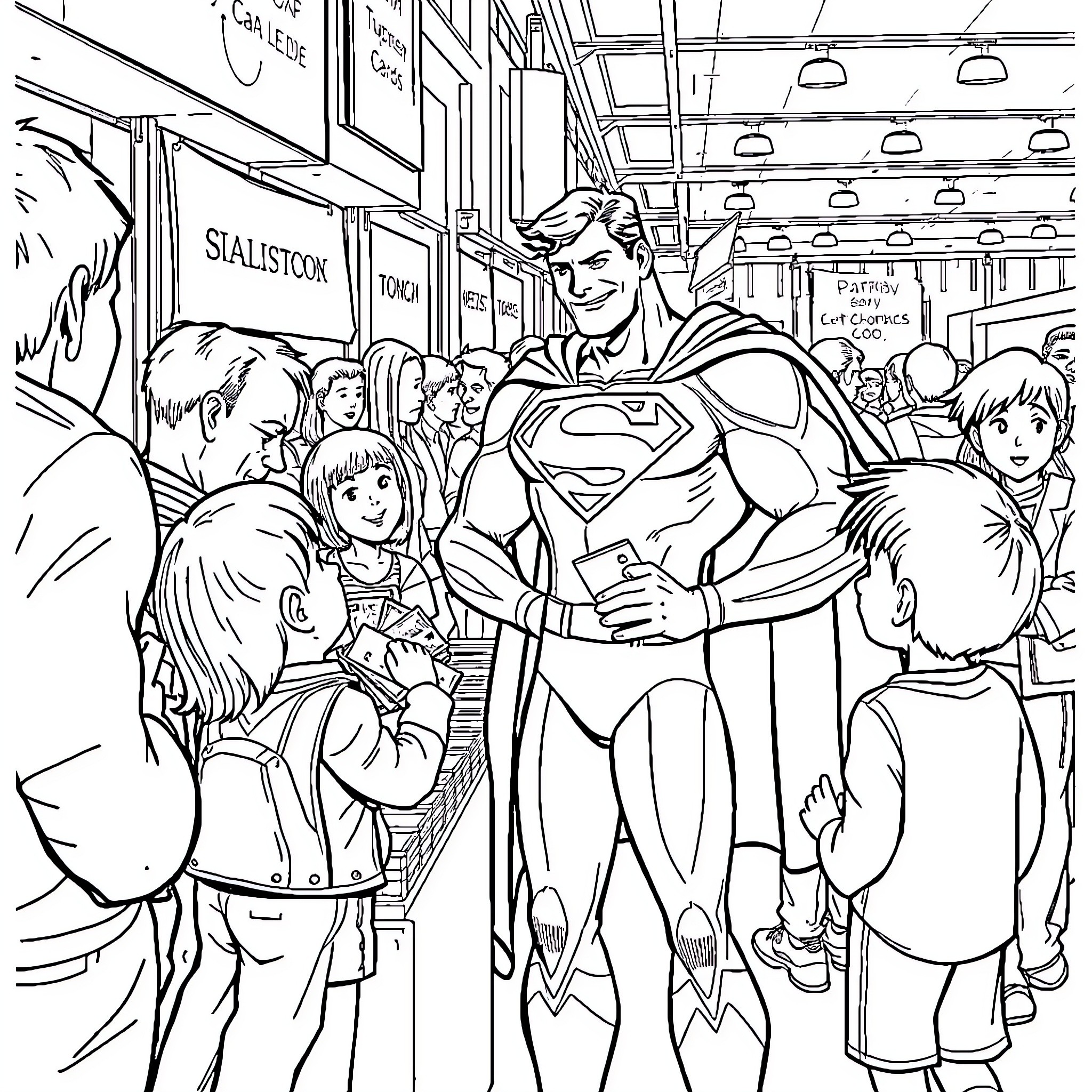 Superman helping children in a crowded classroom Coloring Page (free black-and-white line drawing printable PDF for all, from beginners to advanced learners, including children, teens, adults, and seniors)