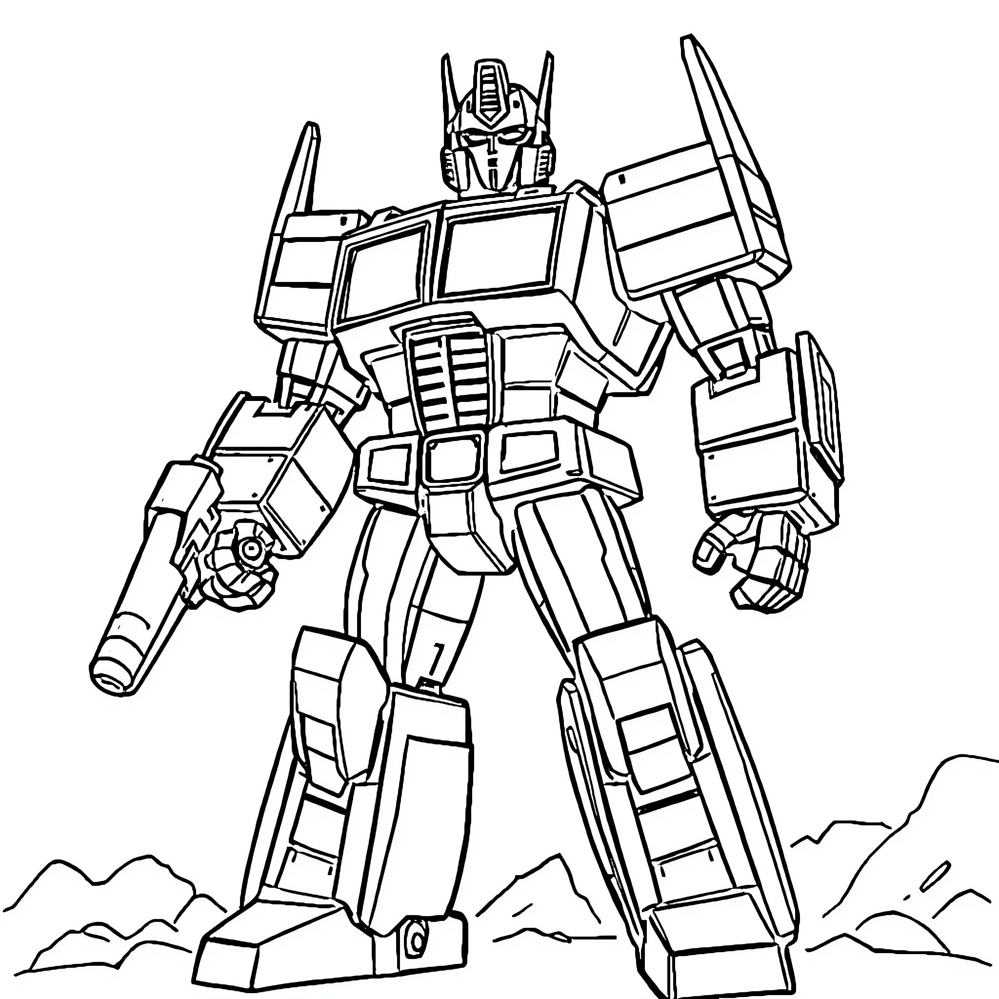 Optimus Prime robot warrior in action Coloring Page (free black-and-white line drawing printable PDF for all, from beginners to advanced learners, including children, teens, adults, and seniors)