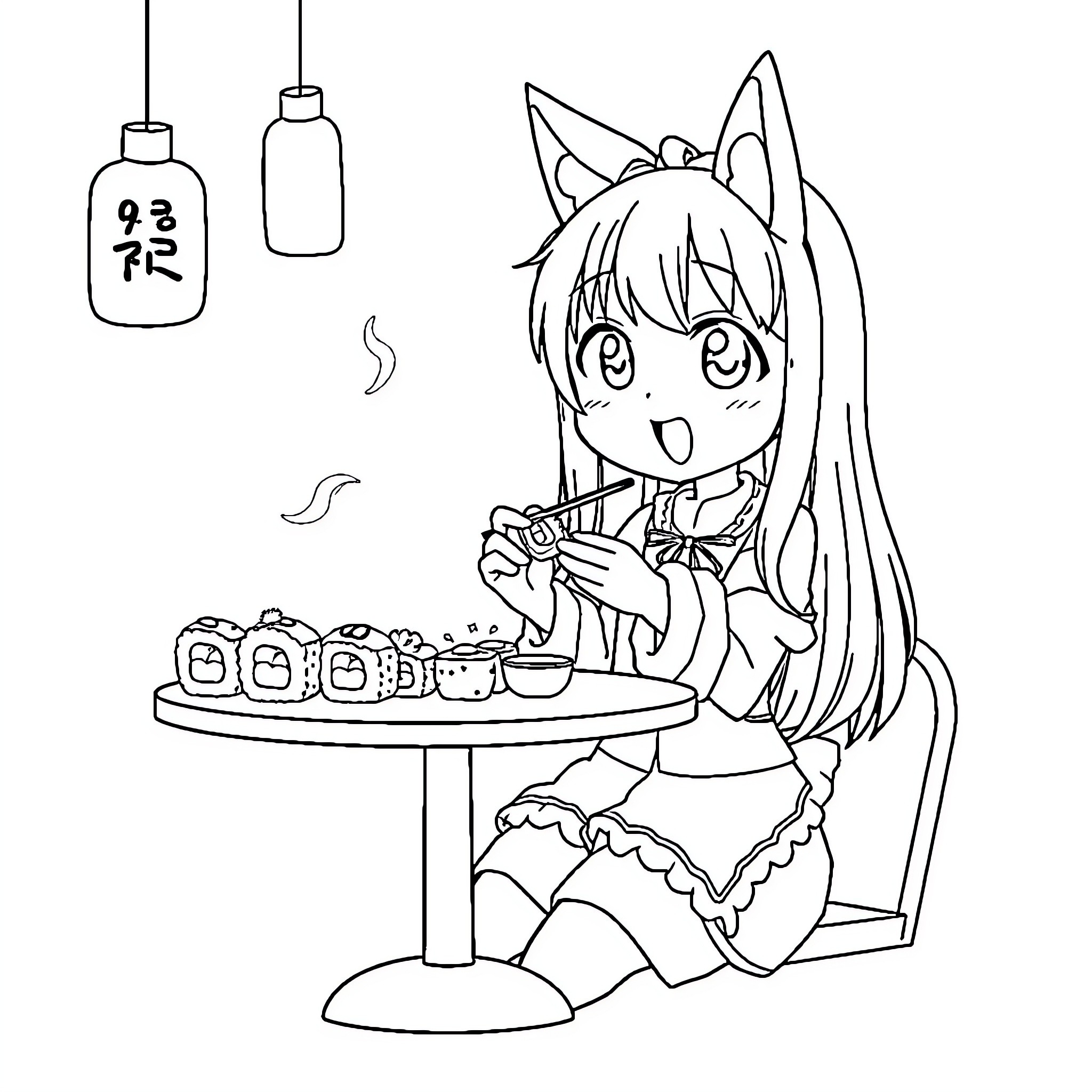 Kuromi enjoying a tea party Coloring Page (free black-and-white line drawing printable PDF for all, from beginners to advanced learners, including children, teens, adults, and seniors)