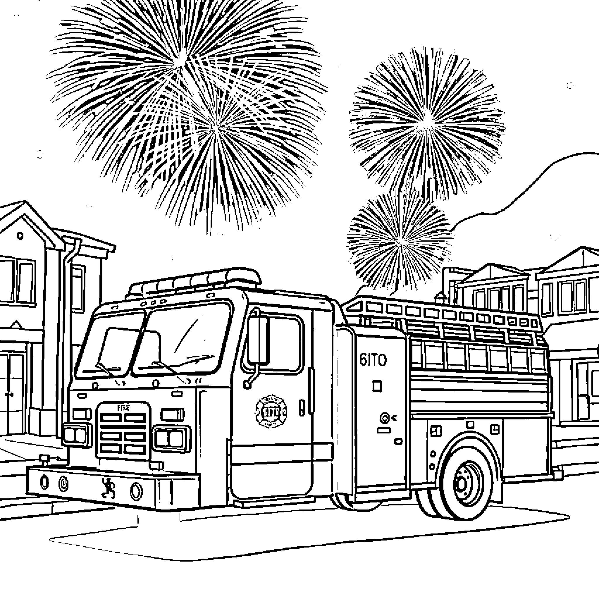 Firetruck at scene with fireworks display Coloring Page (free black-and-white line drawing printable PDF for all, from beginners to advanced learners, including children, teens, adults, and seniors)