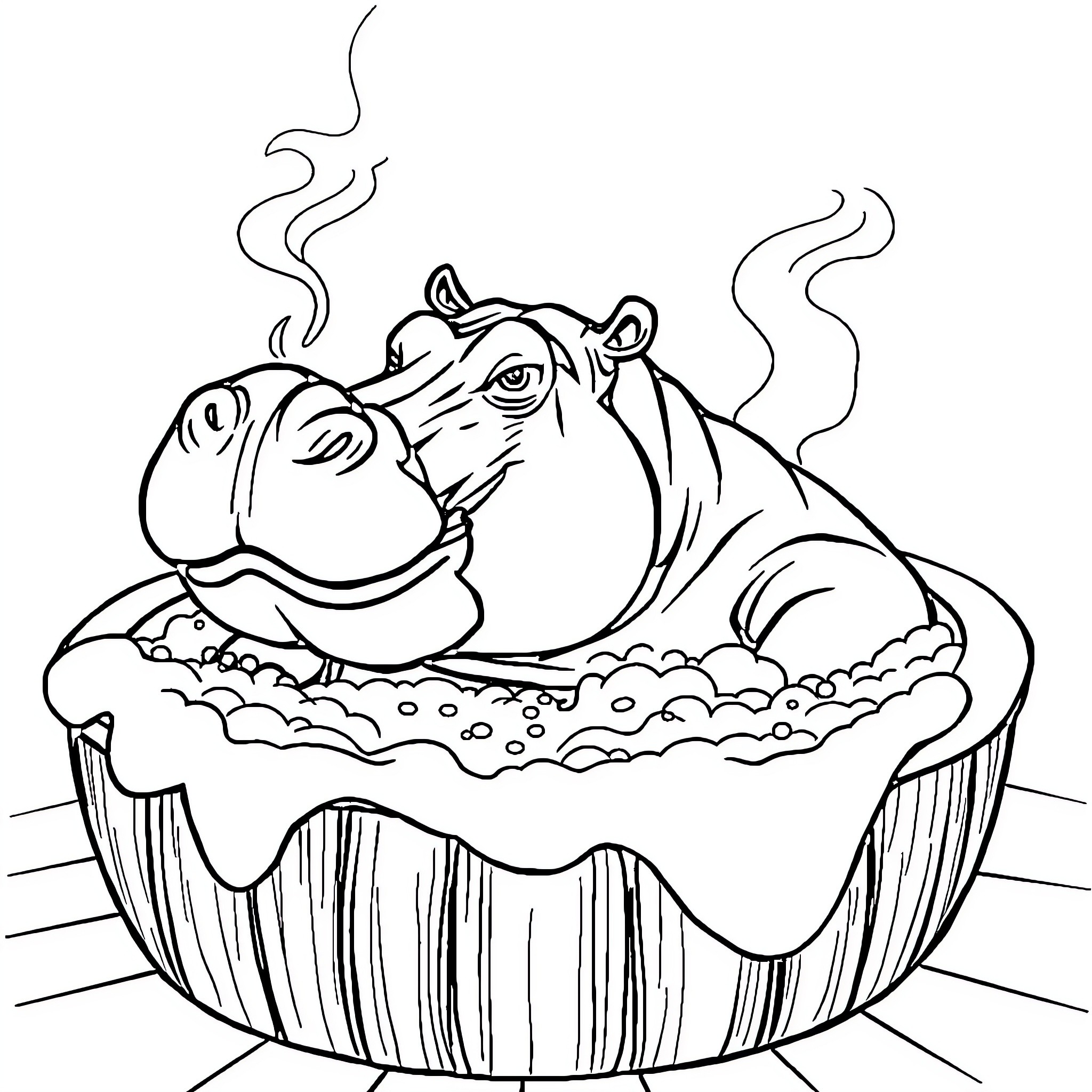 Hippo relaxing in a cozy bathtub Coloring Page (free black-and-white line drawing printable PDF for all, from beginners to advanced learners, including children, teens, adults, and seniors)