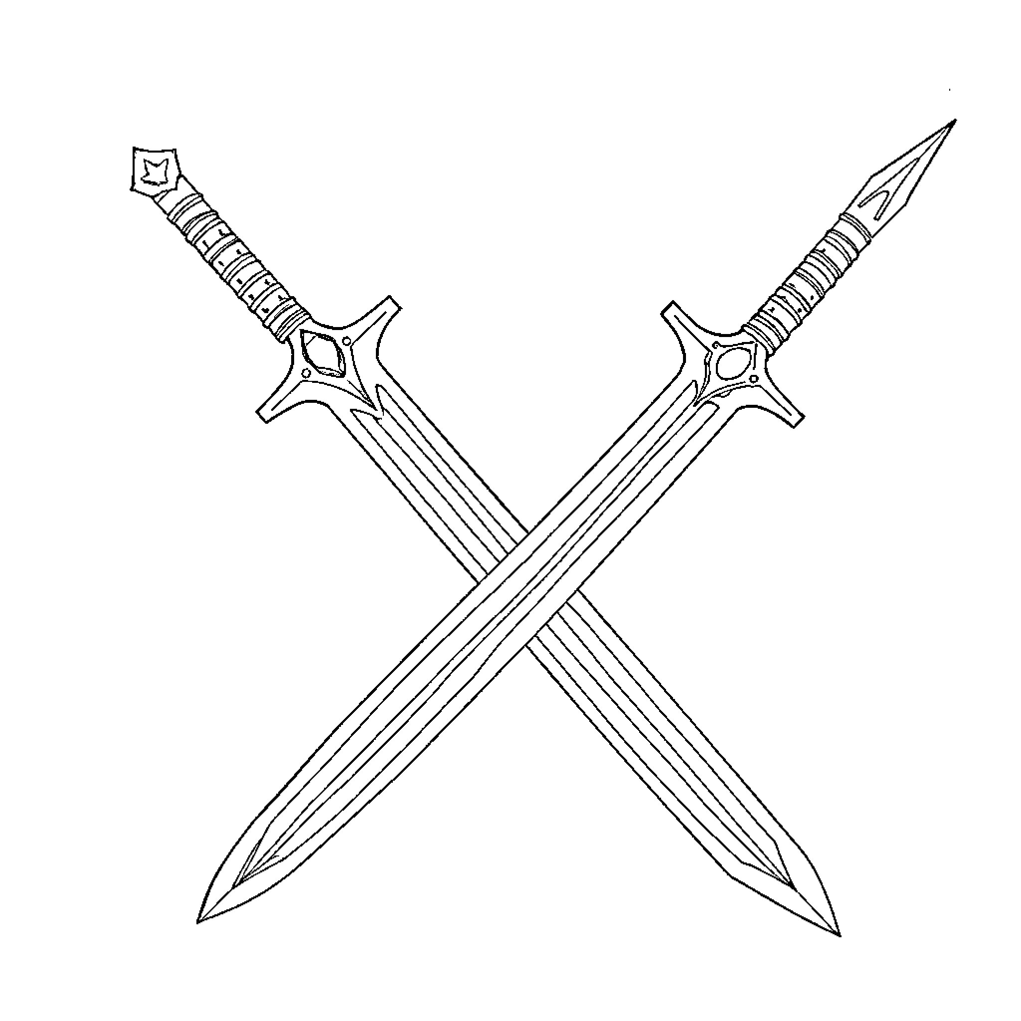 Power Ranger Swords Crossed in Action Coloring Page (free black-and-white line drawing printable PDF for all, from beginners to advanced learners, including children, teens, adults, and seniors)