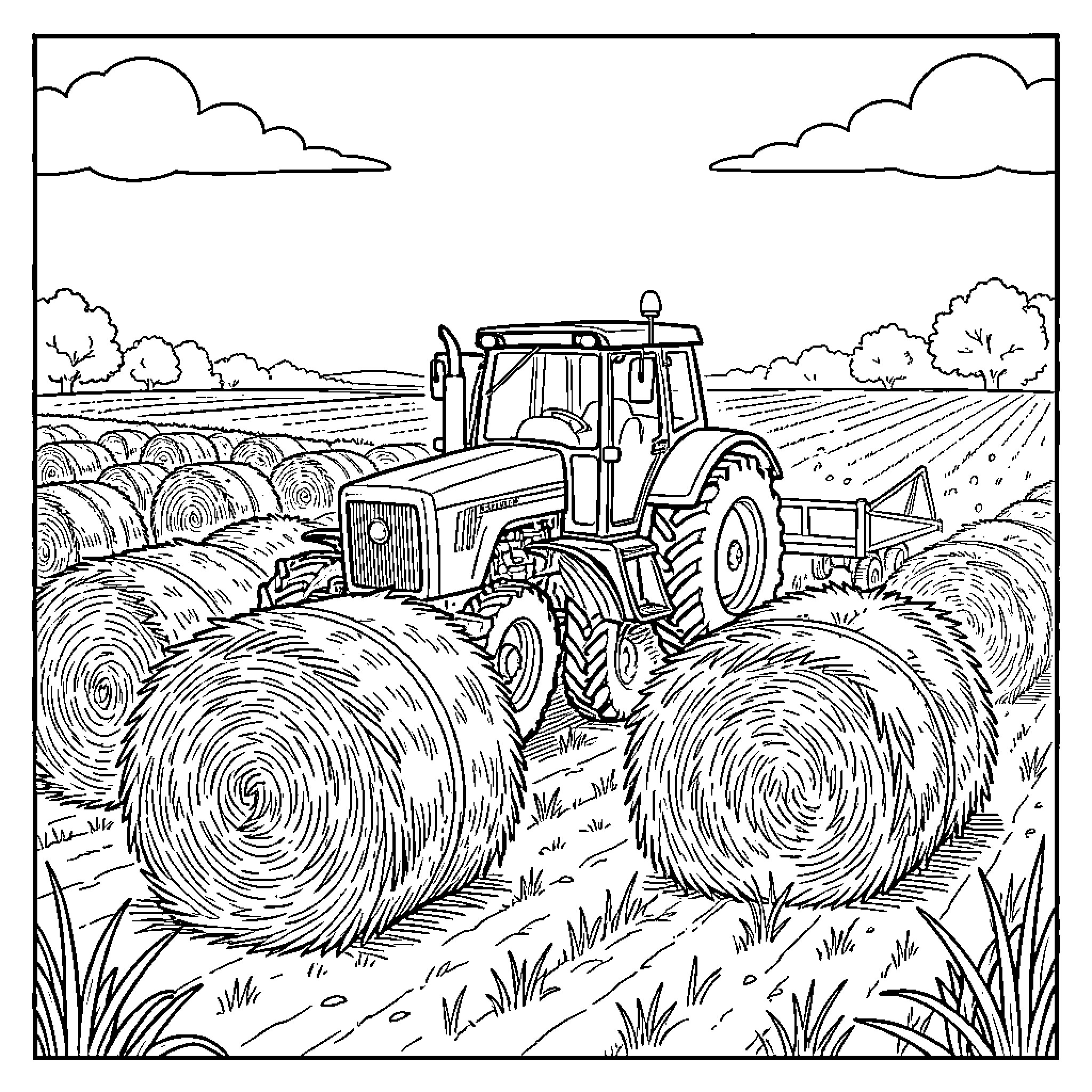 Tractor moving large hay bales across a farm field Coloring Page (free black-and-white line drawing printable PDF for all, from beginners to advanced learners, including children, teens, adults, and seniors)
