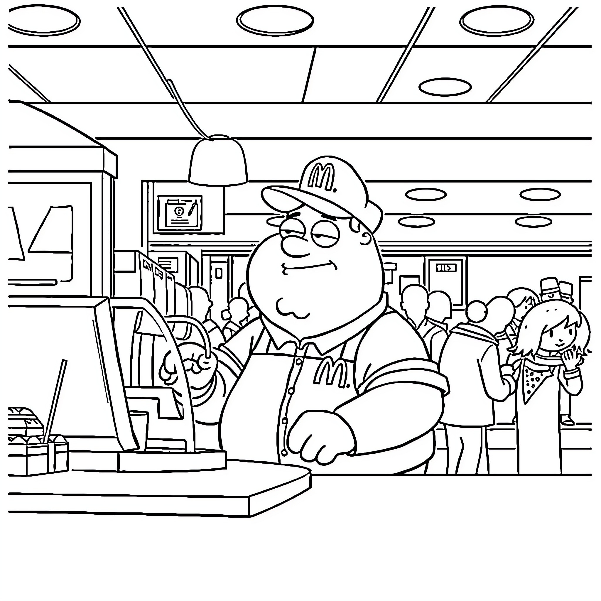 Peter Griffin working at a fast-food restaurant Coloring Page (free black-and-white line drawing printable PDF for all, from beginners to advanced learners, including children, teens, adults, and seniors)