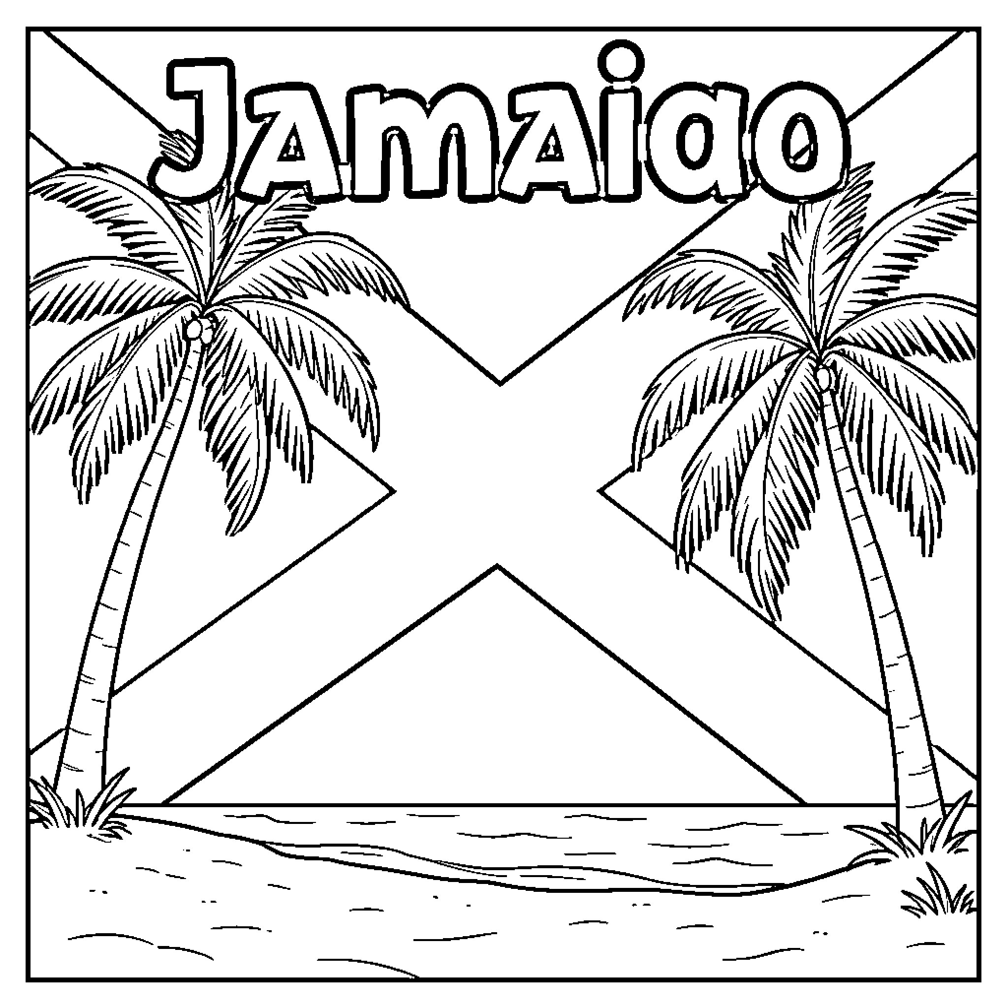 Jamaica tropical beach scene with palm trees Coloring Page (free black-and-white line drawing printable PDF for all, from beginners to advanced learners, including children, teens, adults, and seniors)